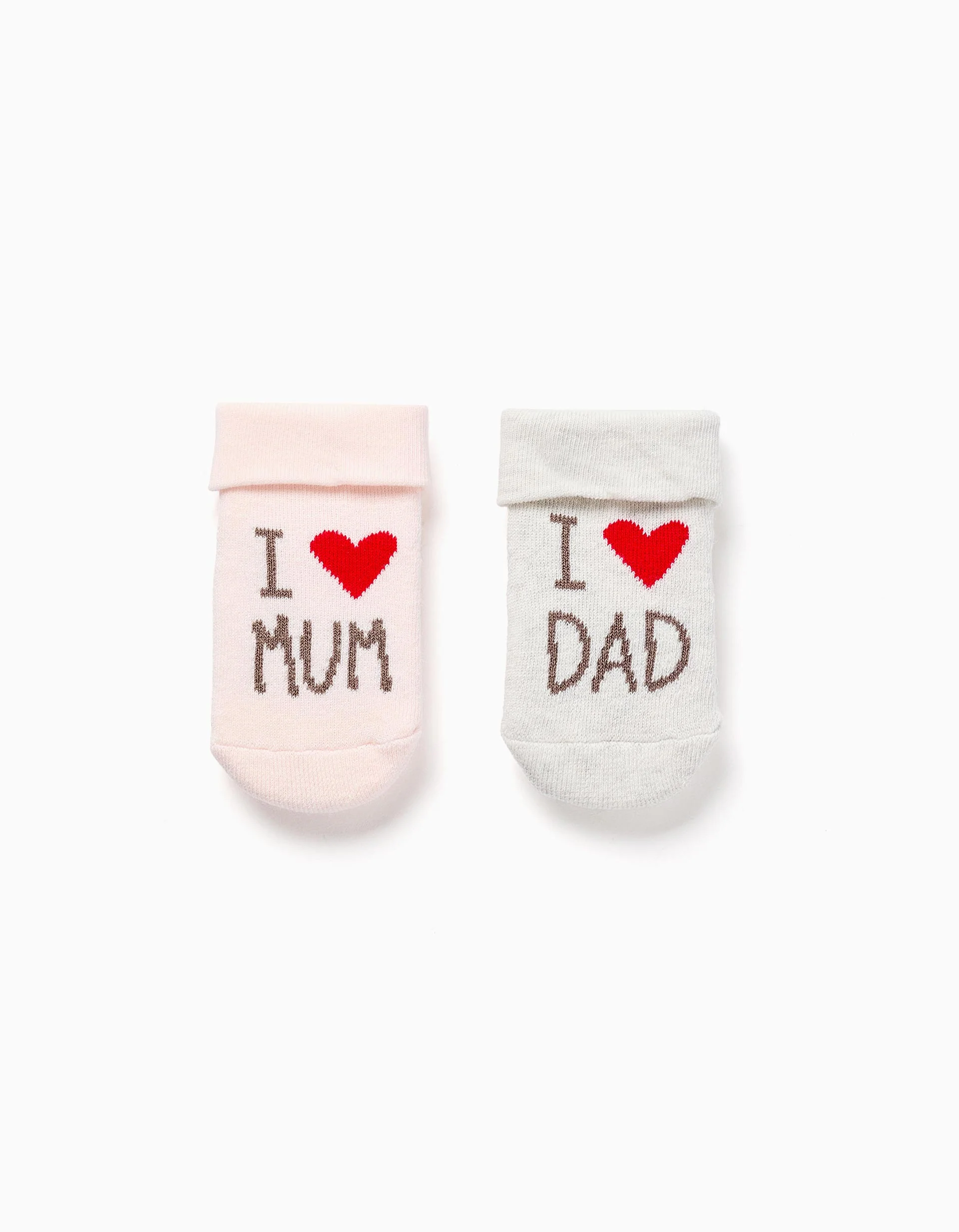 2 terry socks with Mum & Dad print for newborn and baby girls, pink/grey