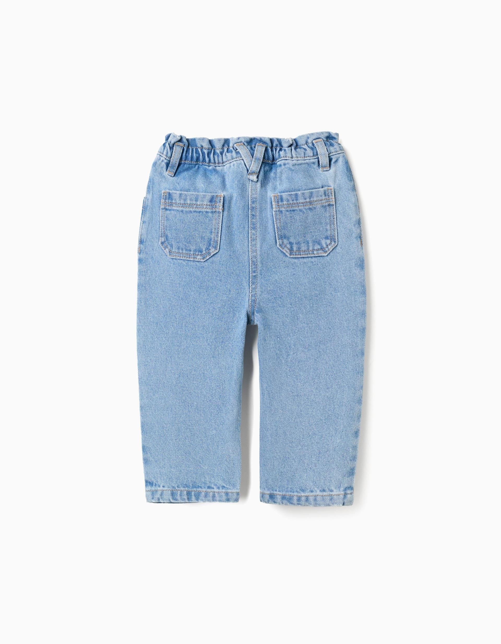 Baggy denim trousers with paperbag waist for baby girls, light blue - Image 2