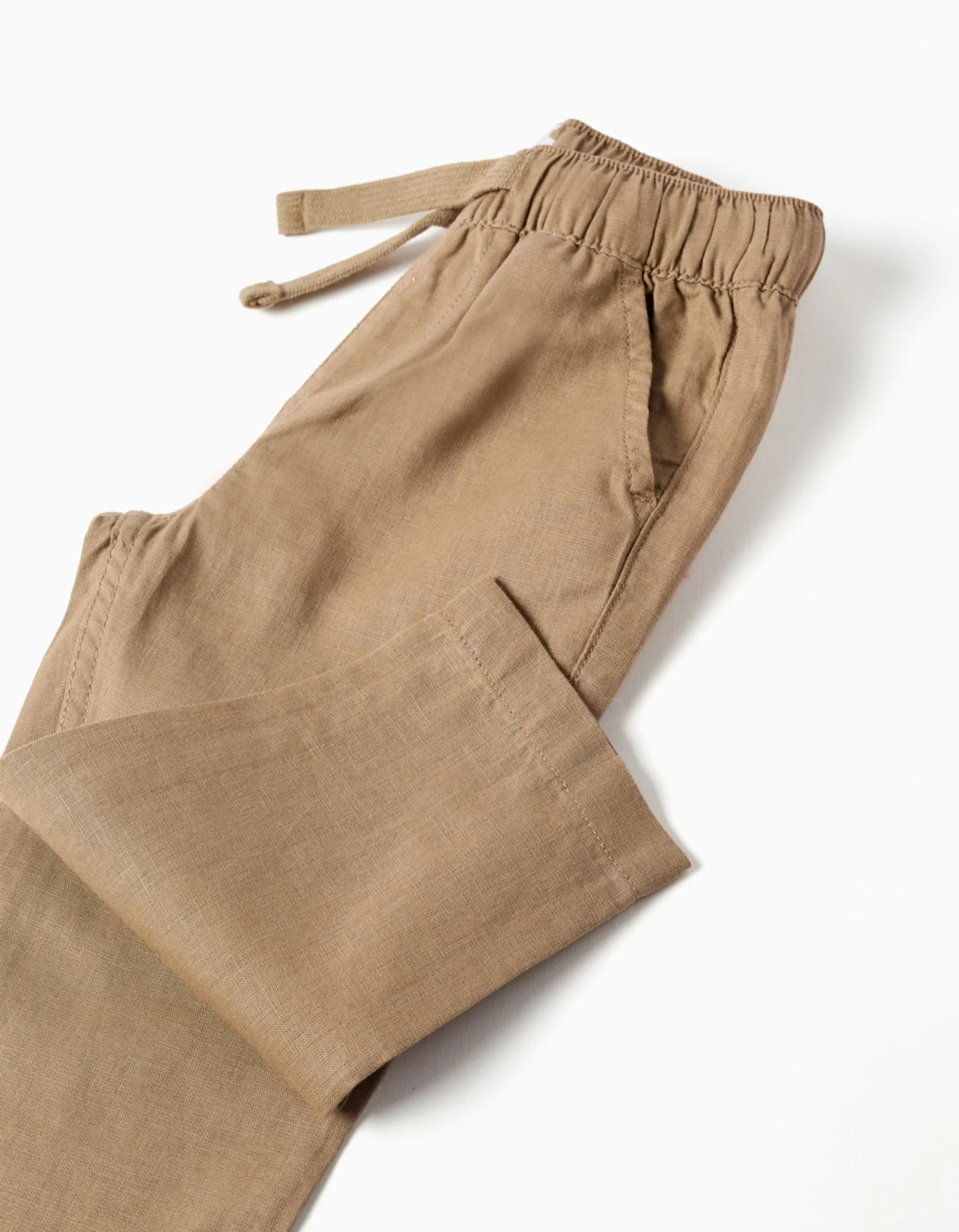 Baggy linen trousers with drawstring for baby boys, dark beige - Image 4
