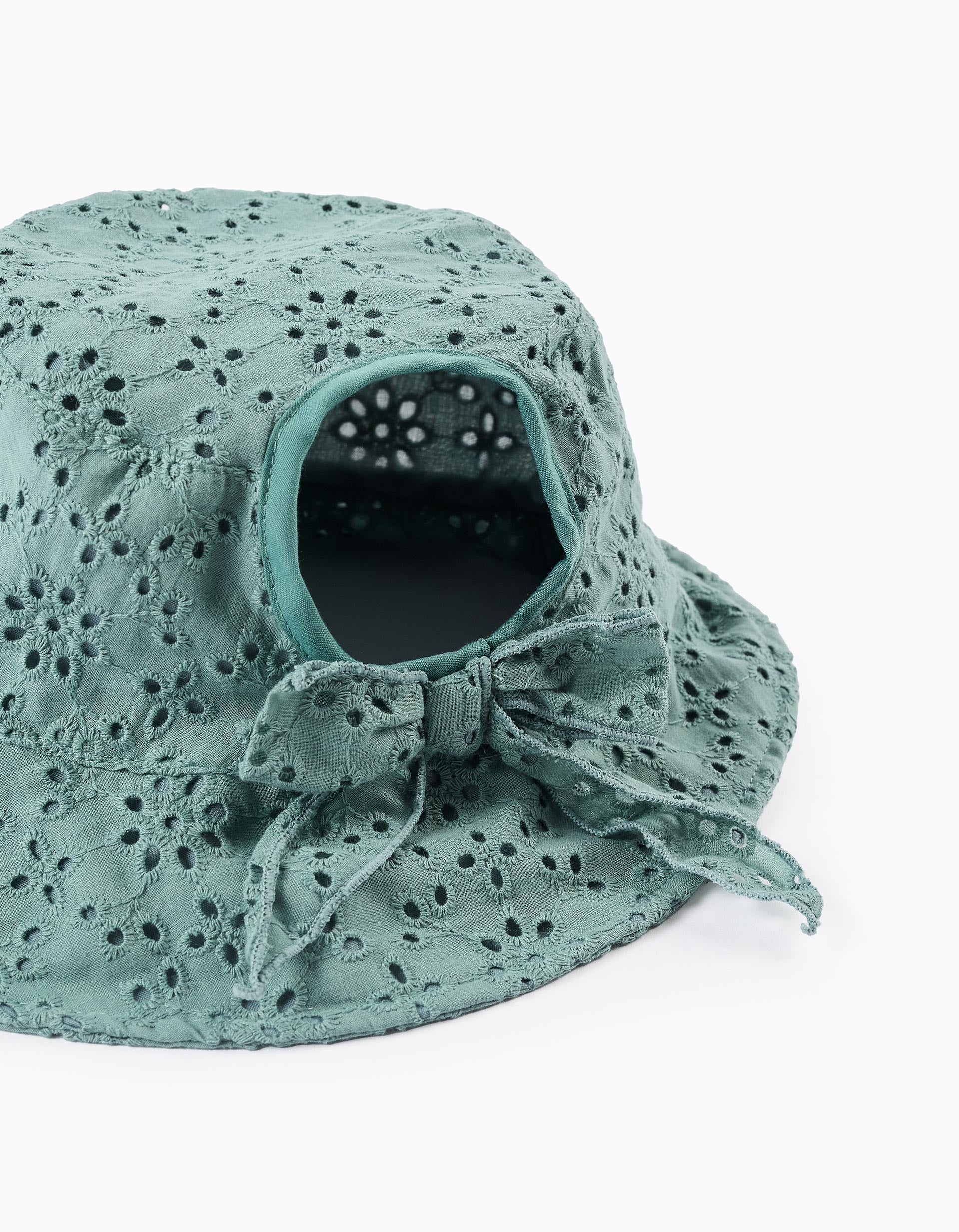 Broderie Anglaise Hat with Bow for Baby Girls, Green - Image 2