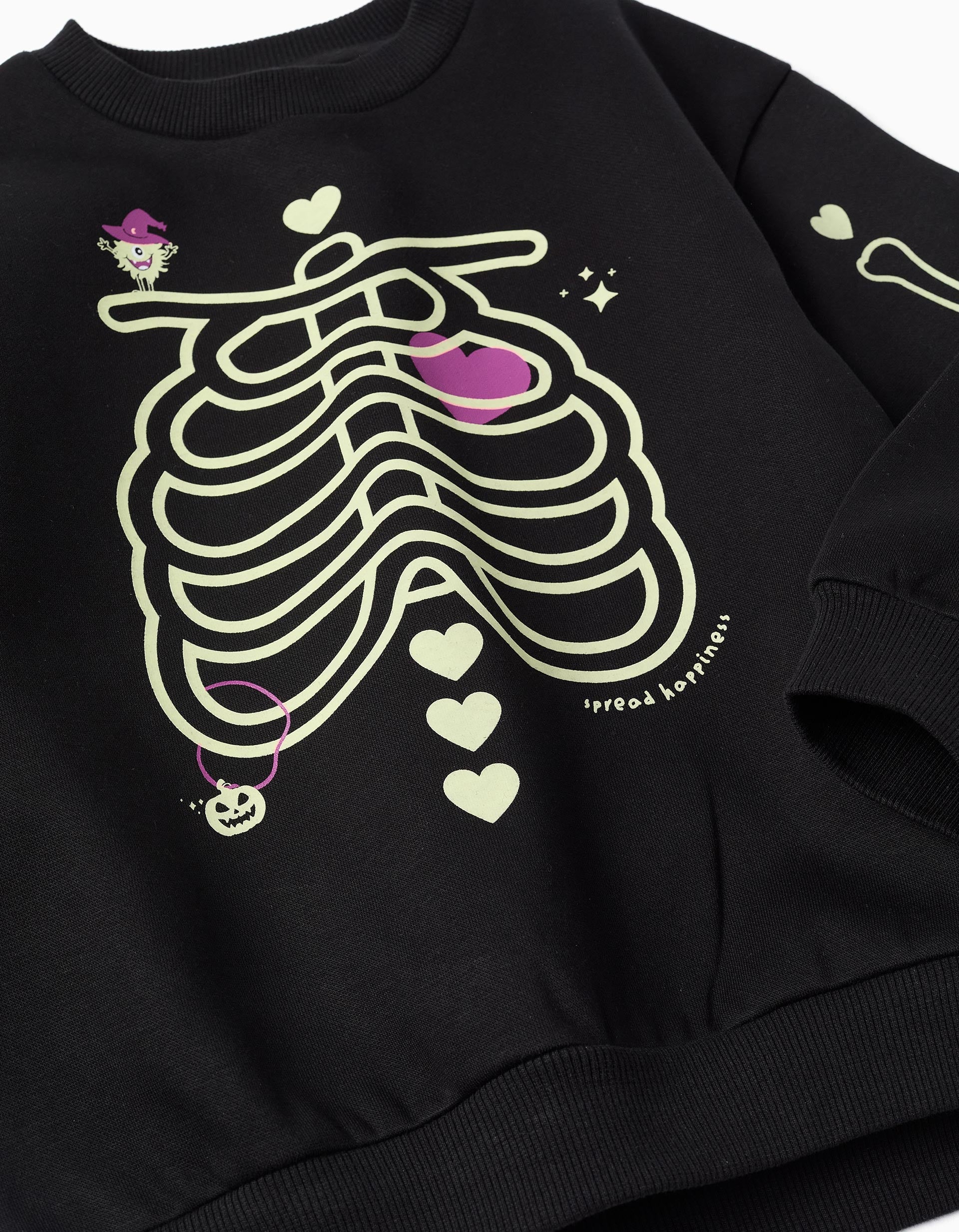 Brushed sweatshirt with glow-in-the-dark print for girls, black - Image 5
