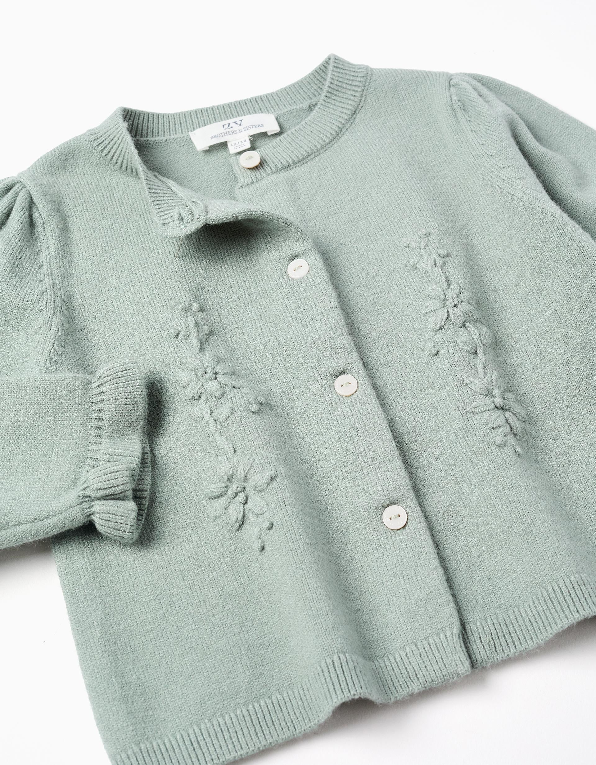Cardigan with embroidery and ruffles B&S for baby girls, light green - Image 3