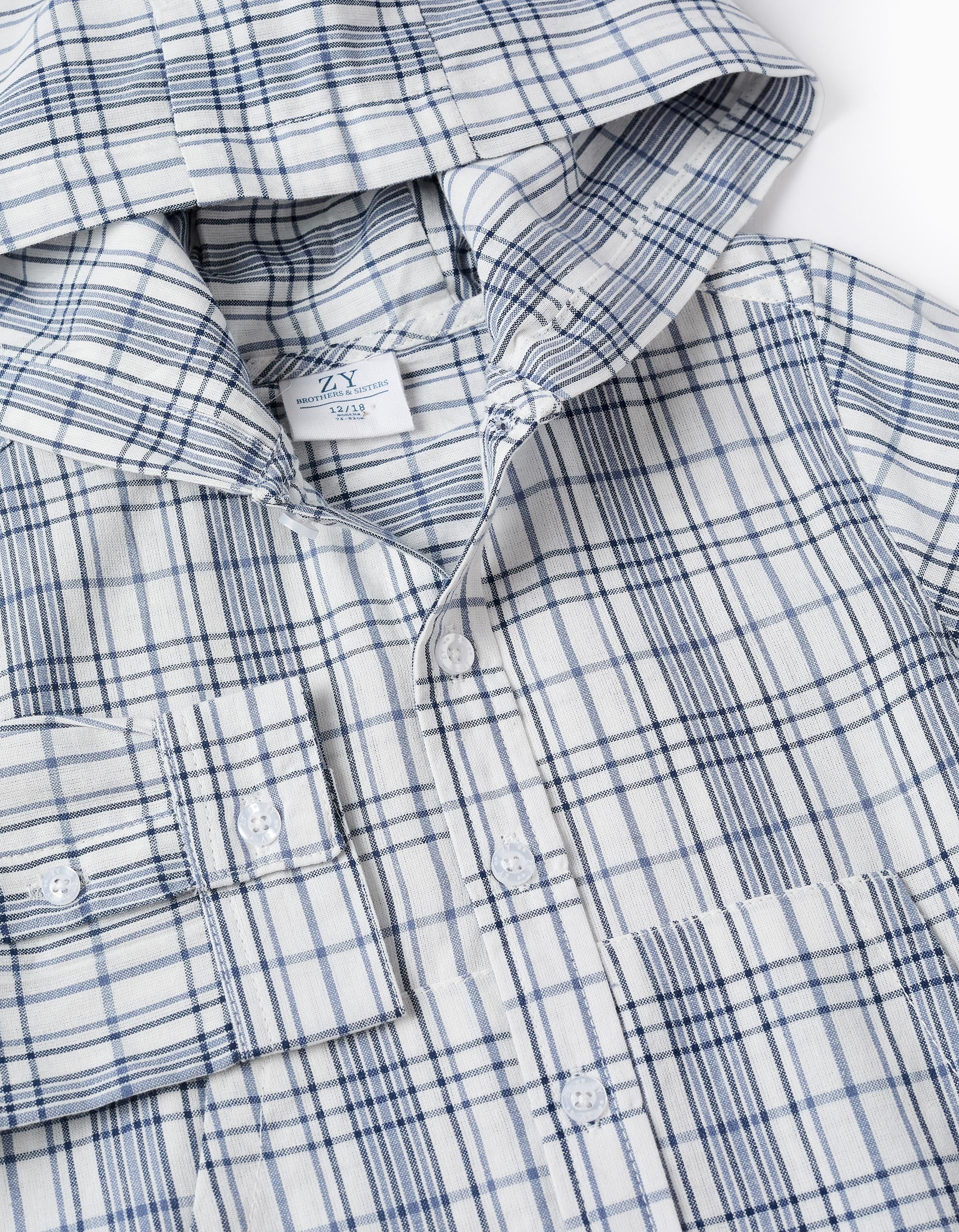 Checkered Hooded Shirt for Baby Boys 'You & Me', White/Blue - Image 5