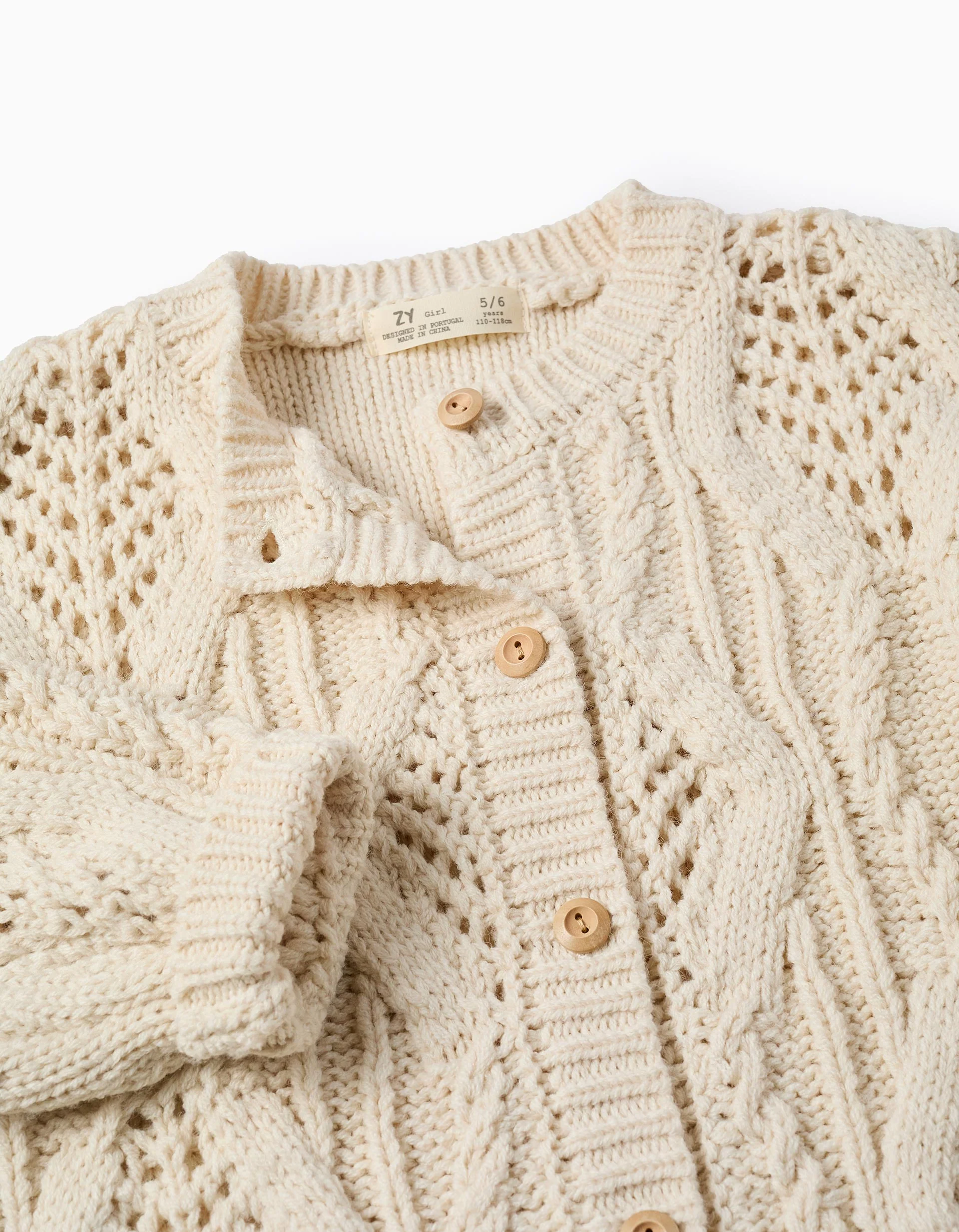 Chunky Knitted Cardigan with Effects for Girls, Beige - Image 3