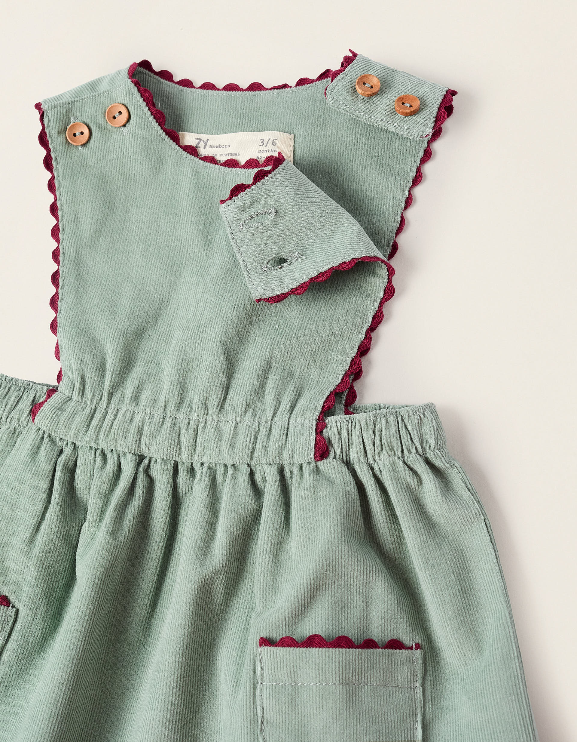 Corduroy Pinafore Dress for Newborn Girls, Green/Burgundy - Image 3