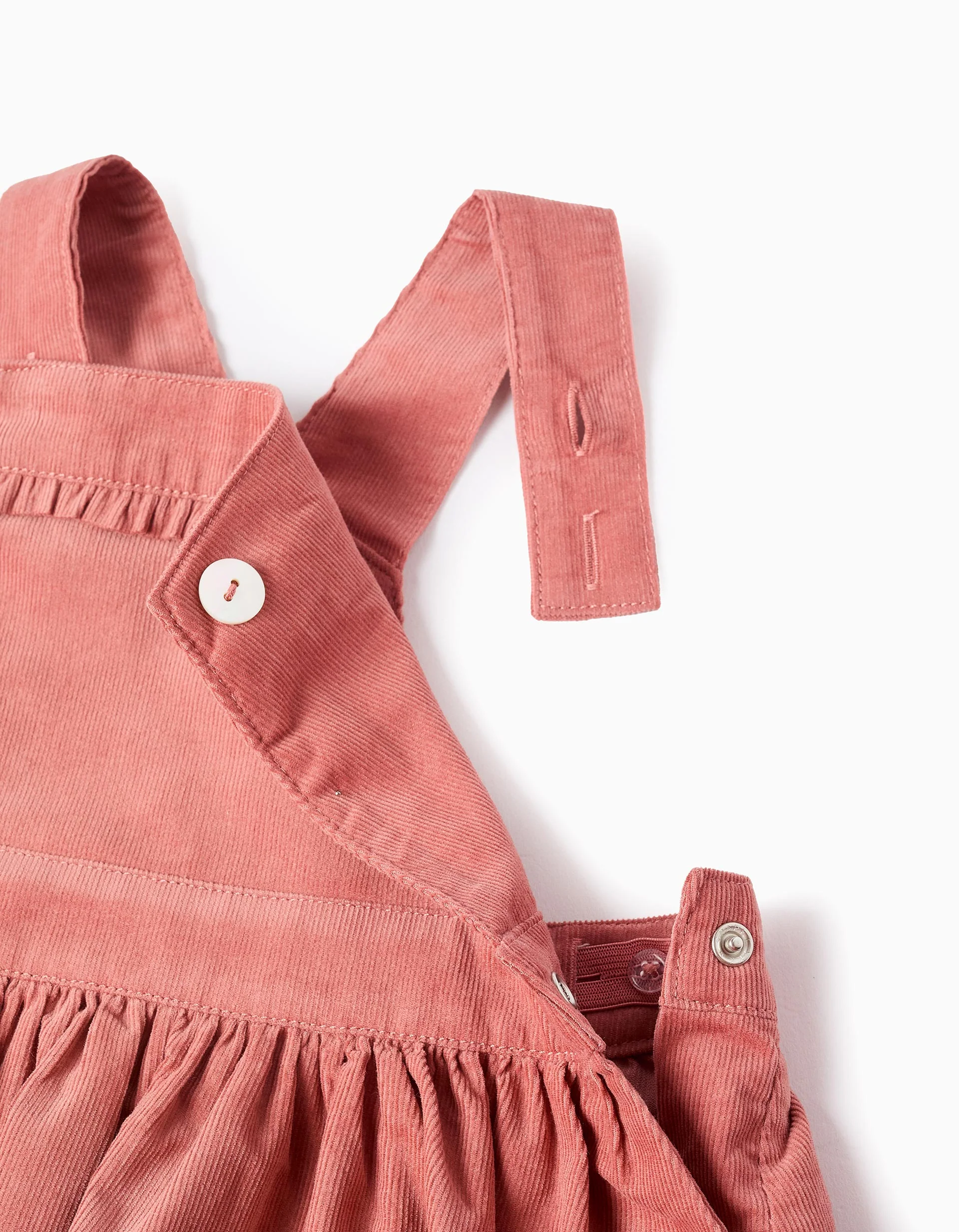 Corduroy Pinafore Dress with Frills for Baby Girls, Coral - Image 3