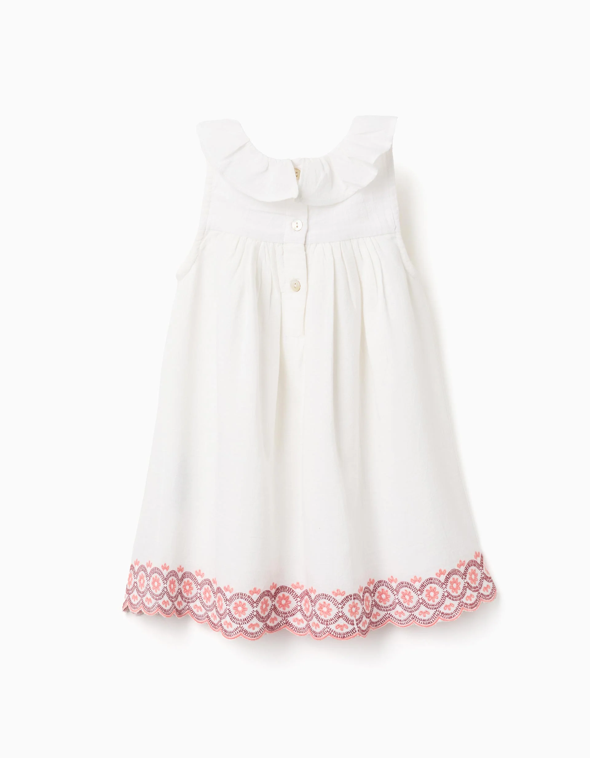 Cotton and linen dress with broderie anglaise for baby girls, light beige - Image 2