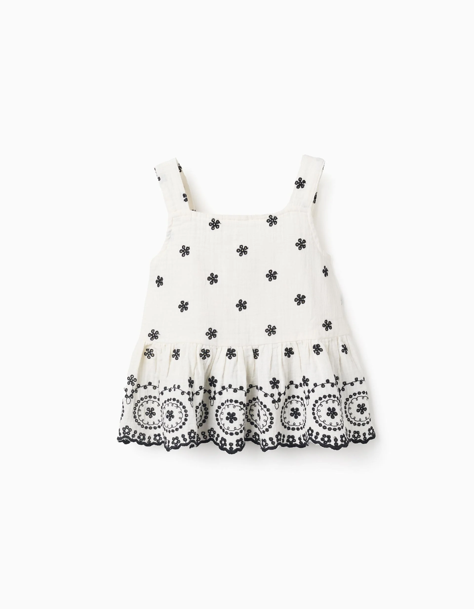 Cotton Bamboula Top with Embroidery for Girls, White/Black - Image 3