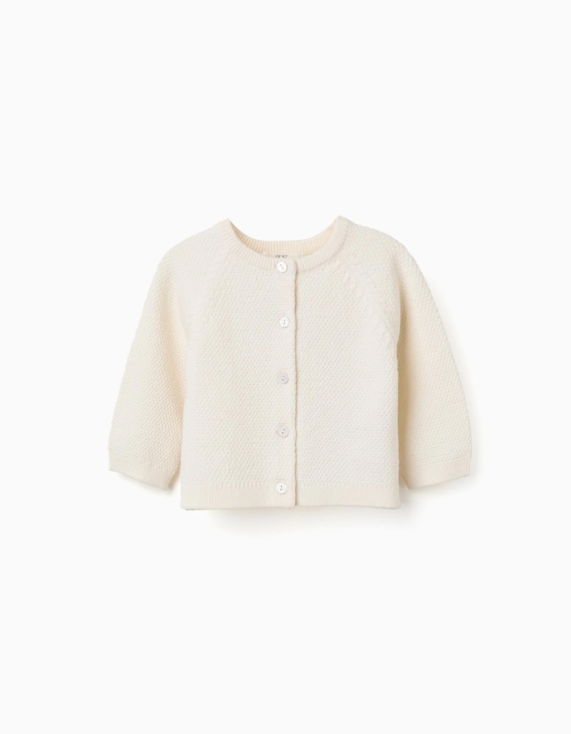 Cotton cardigan in link stitch B&S for newborn girls, light beige