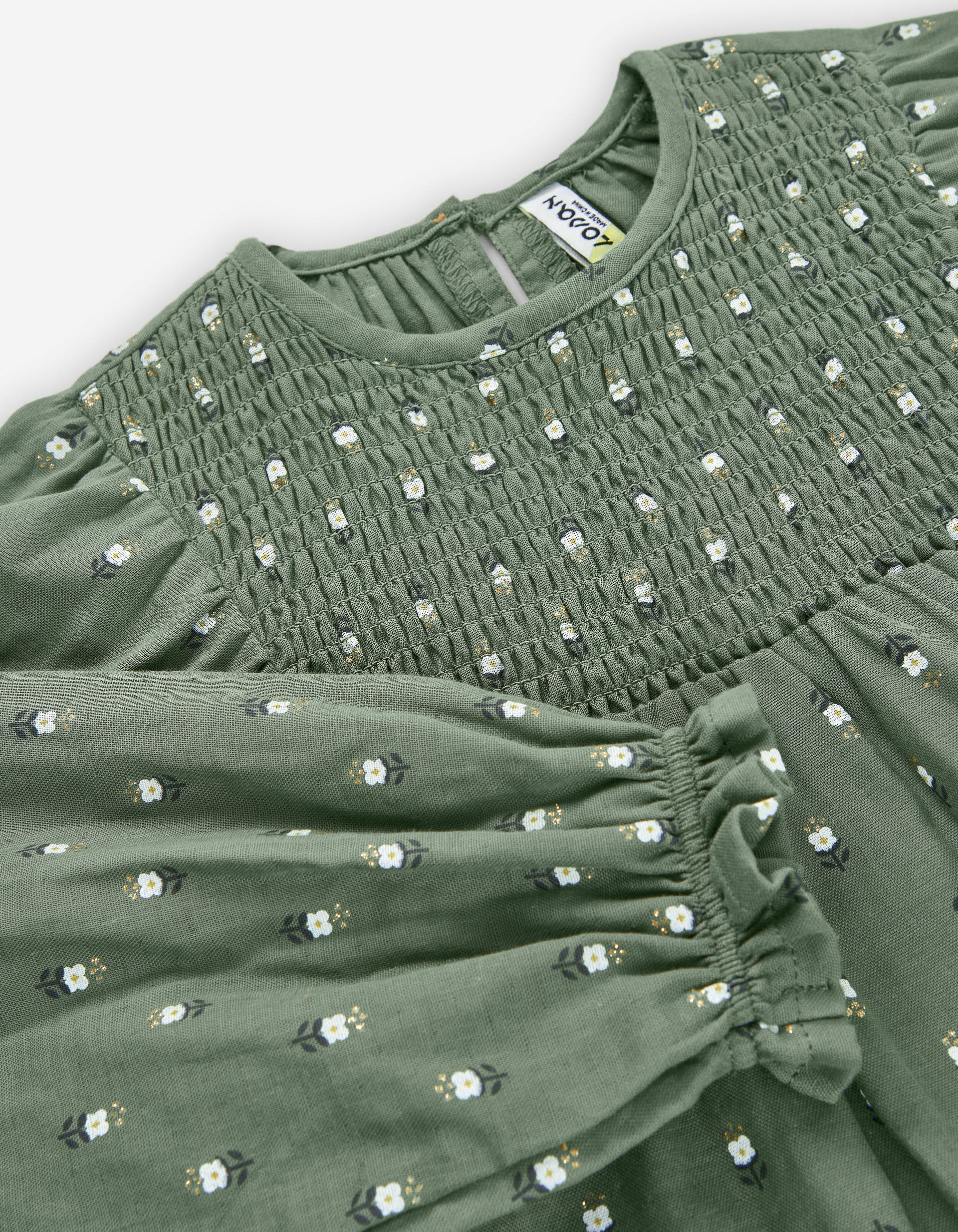 Cotton dress with floral motif and puffy sleeves for girls, green - Image 3
