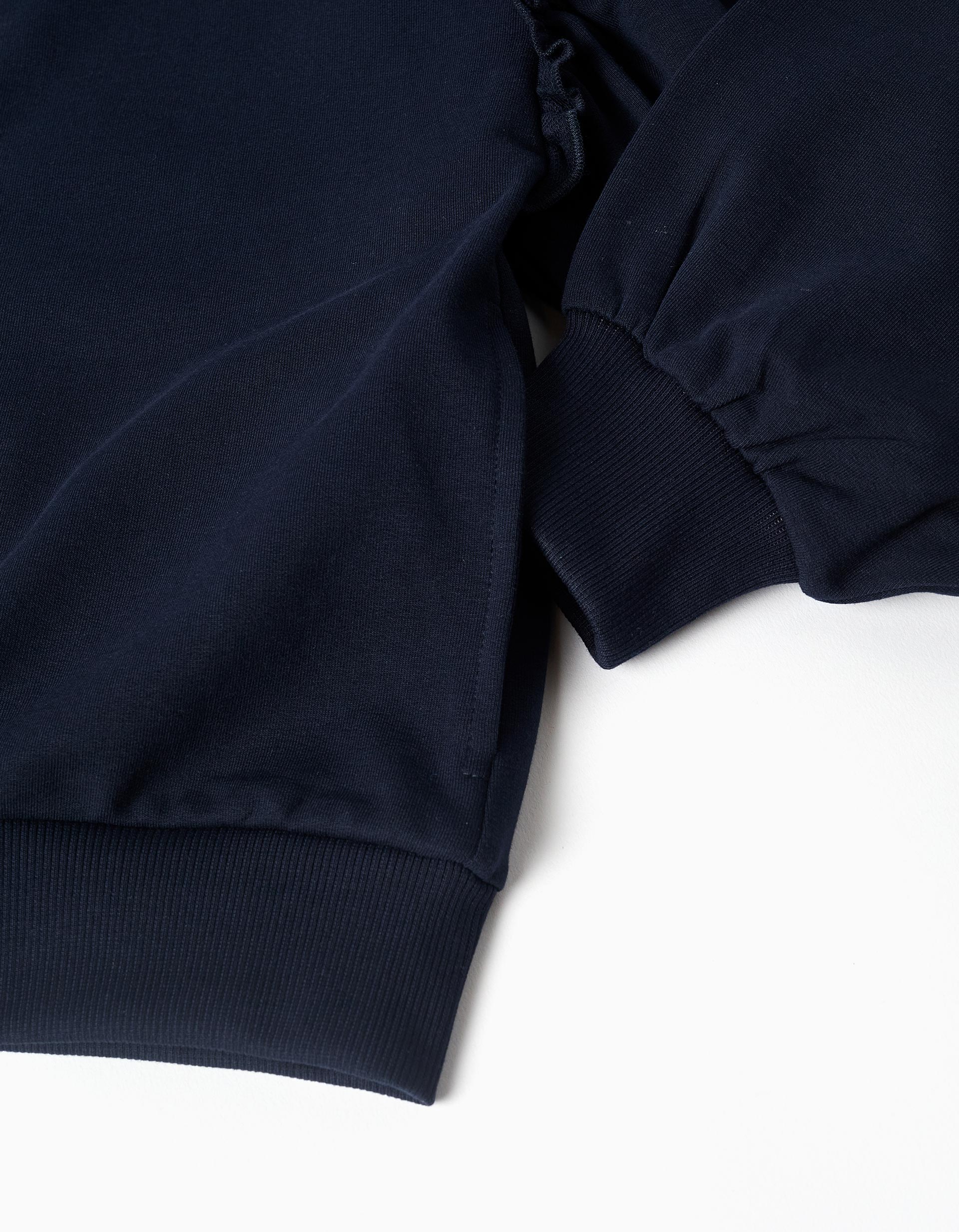 Cotton hooded jacket with ruffles for girls, dark blue - Image 4