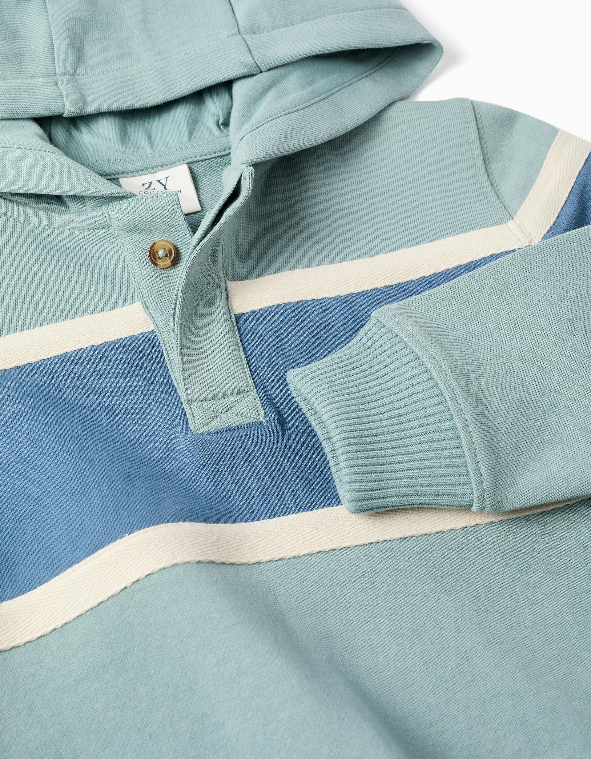 Cotton hooded sweatshirt with colour block for boys, green/blue/white - Image 3