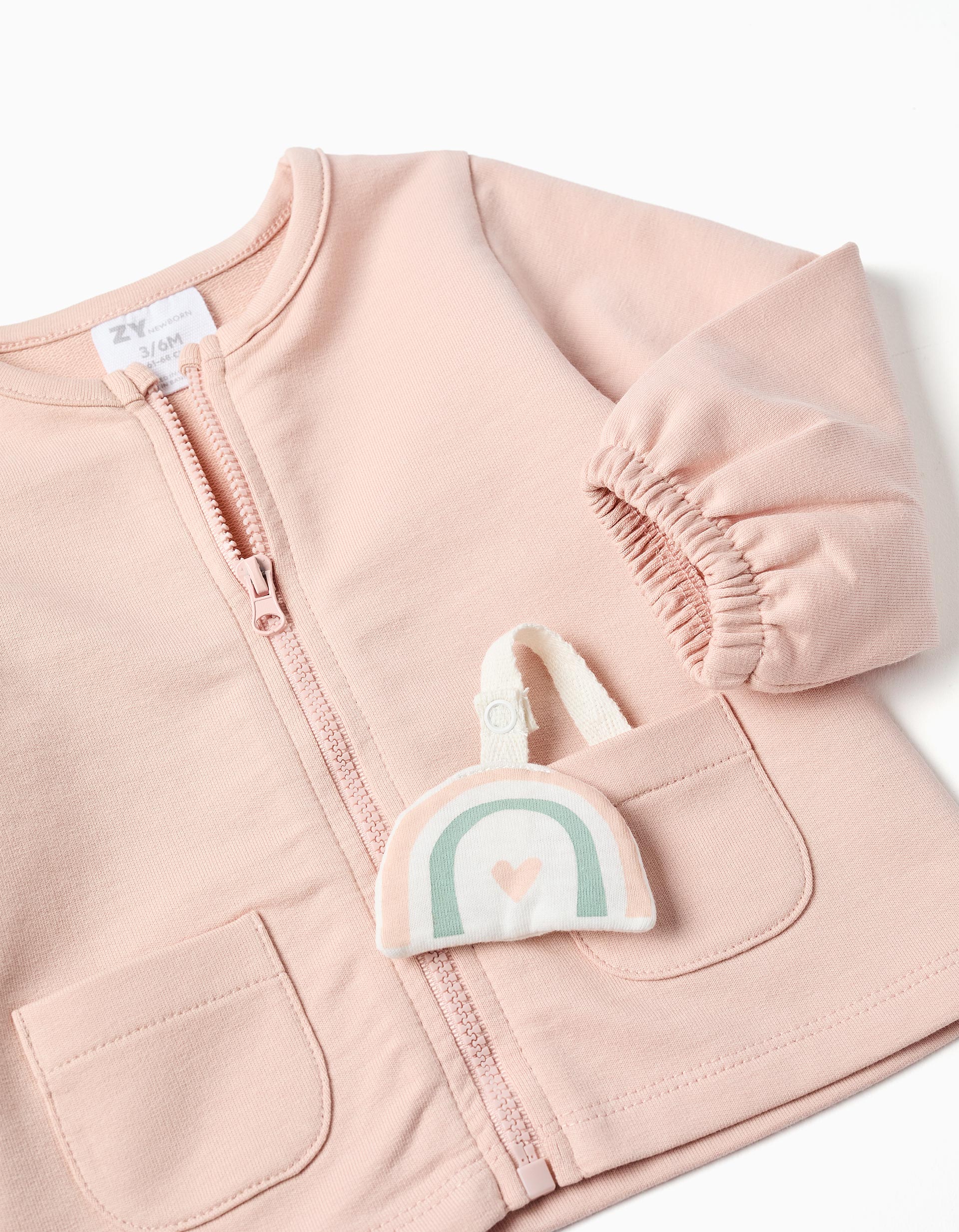 Cotton jacket + trousers with motif for newborn girls, light pink - Image 4