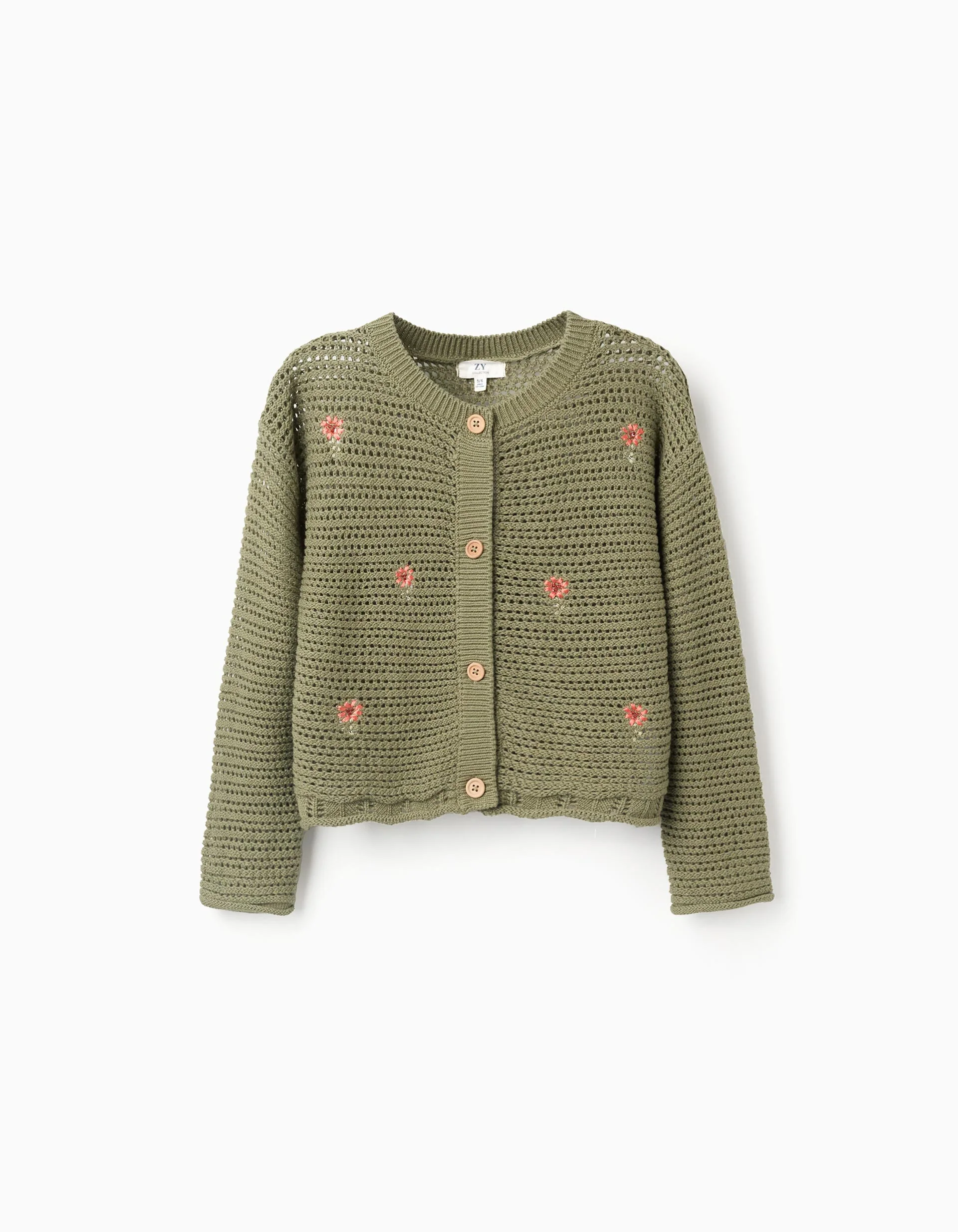 Cotton knit jacket with embroidered flowers for girls, dark green