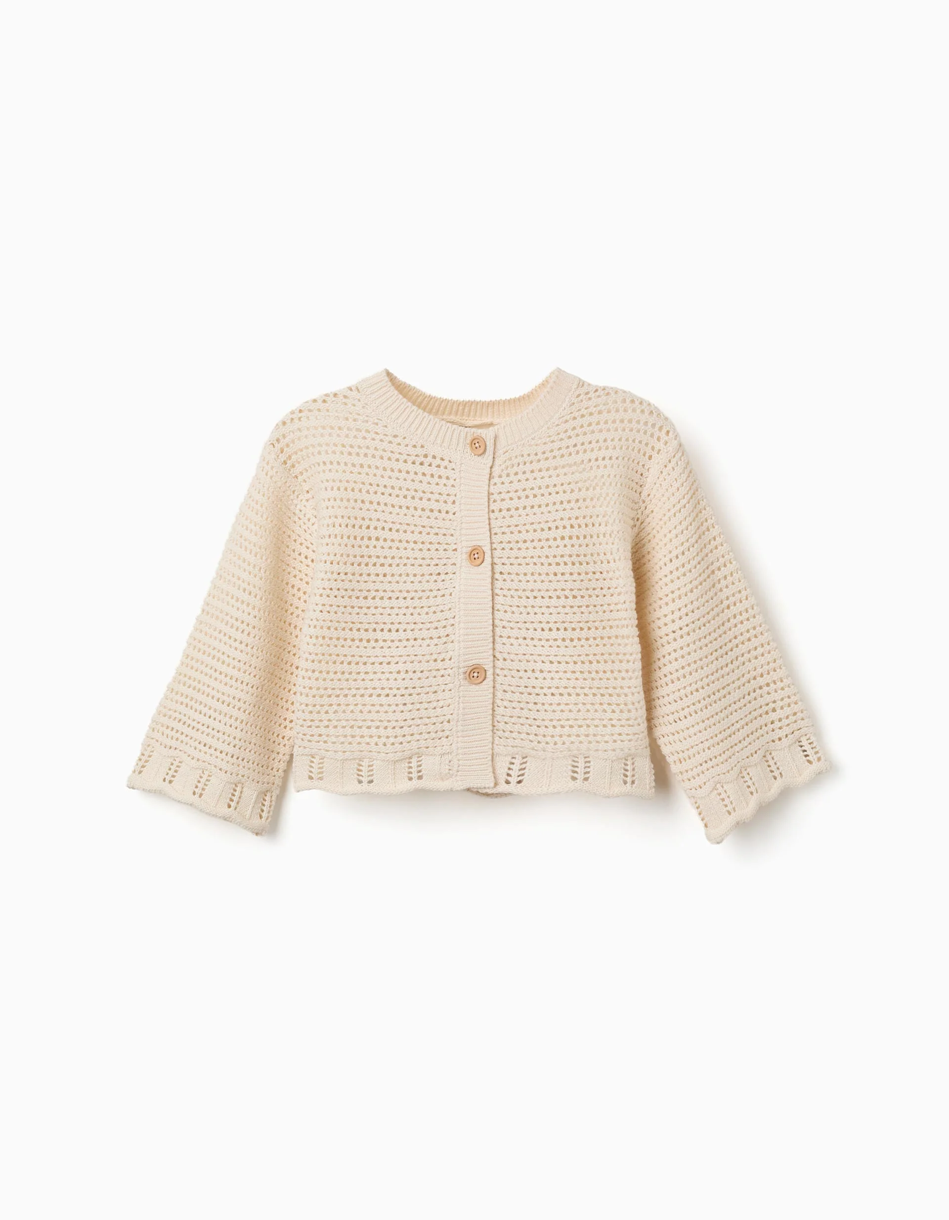 Cotton knit jacket with openwork details for girls, light beige