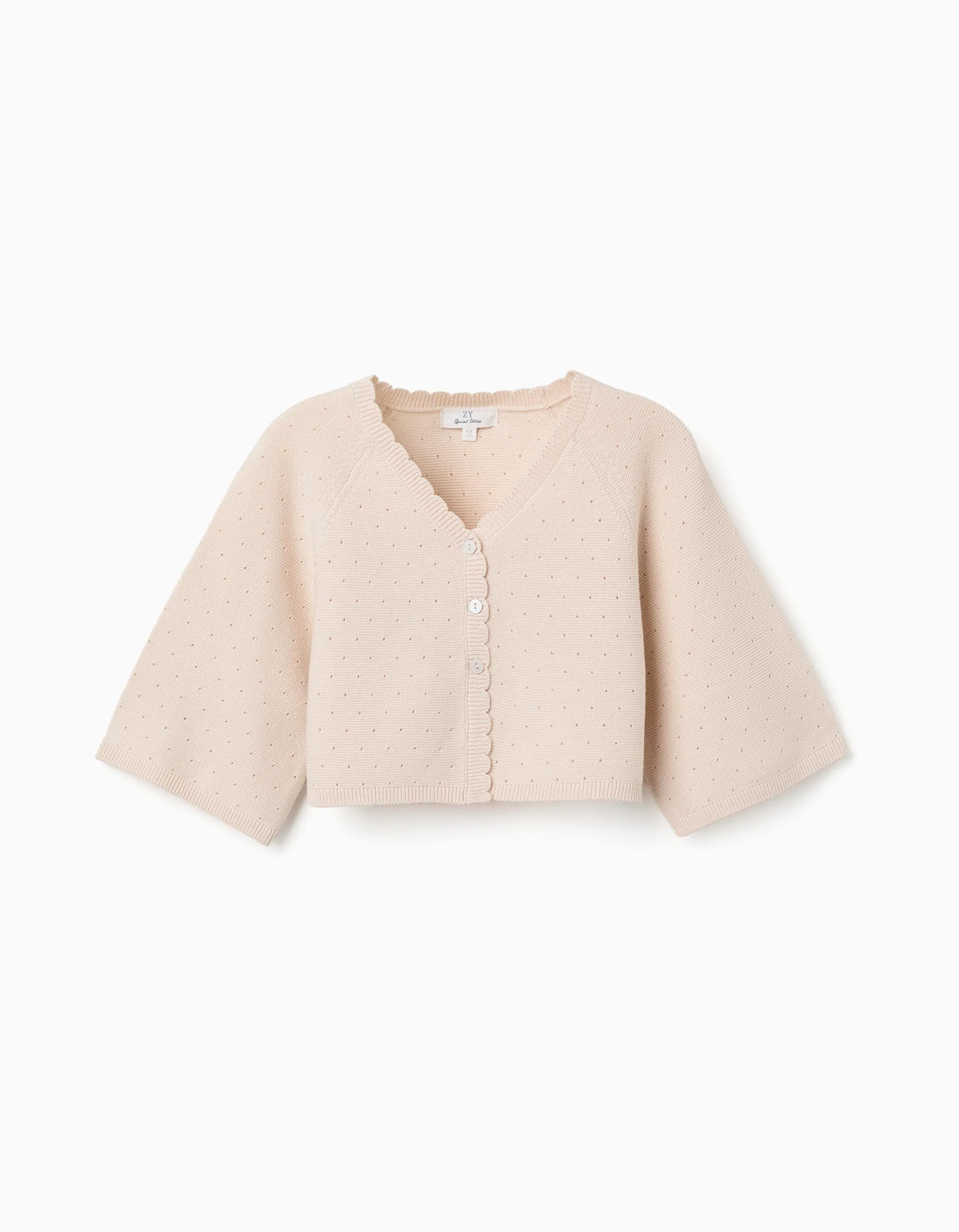 Cotton knit jacket with scalloped details for girls, light beige - Image 2