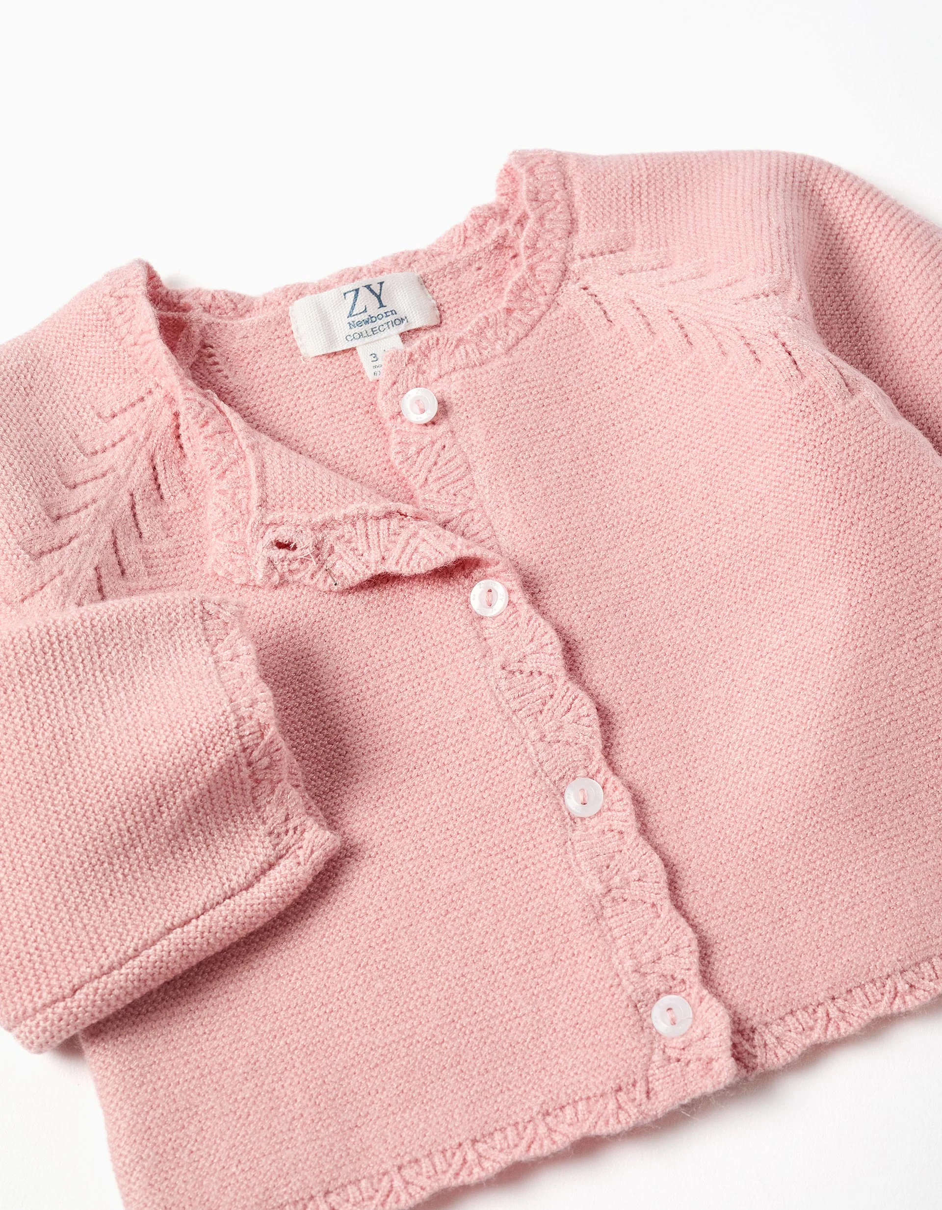 Cotton knit jacket with scalloped ends for newborn girls, light pink - Image 3