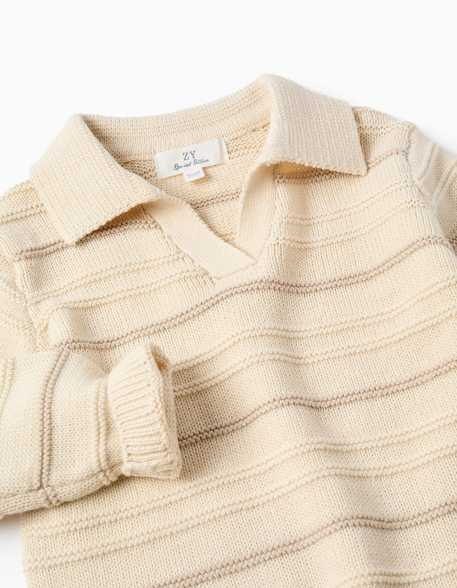 Cotton knit jumper with polo collar for baby boys, light beige - Image 3