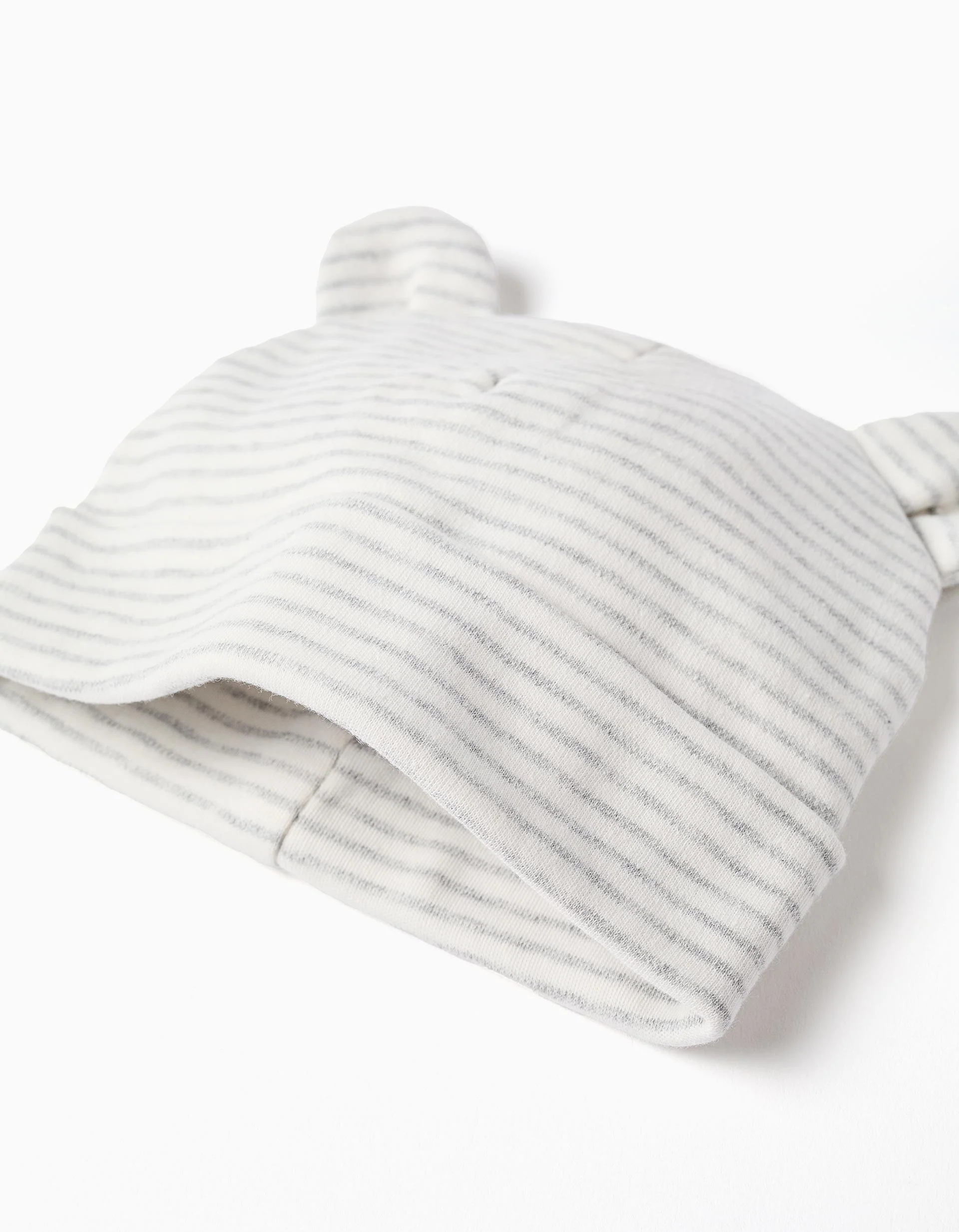 Cotton set of beanie + gloves with stripes for newborns, white/grey - Image 2