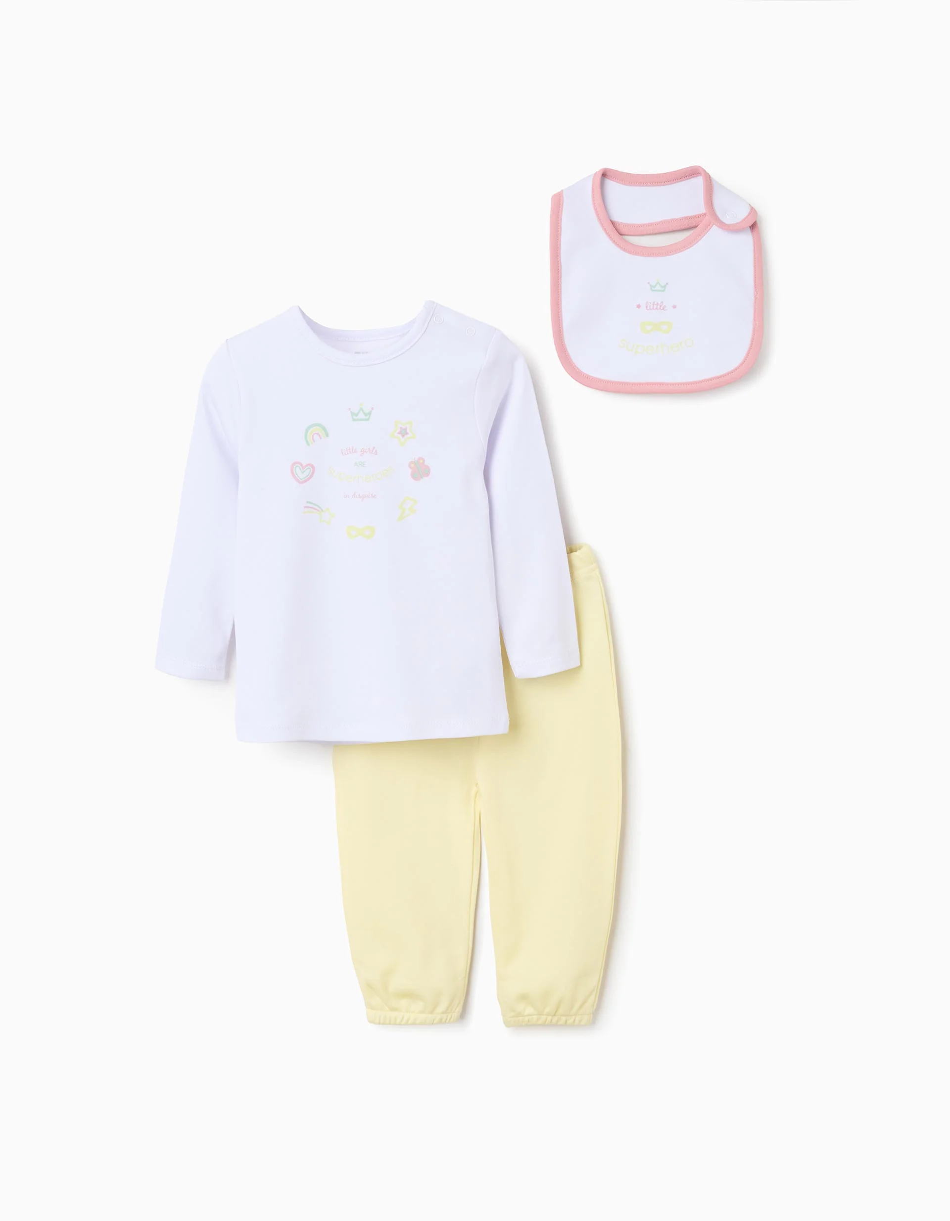 Cotton set of pyjamas + bib for newborn and baby girls, white/yellow/pink