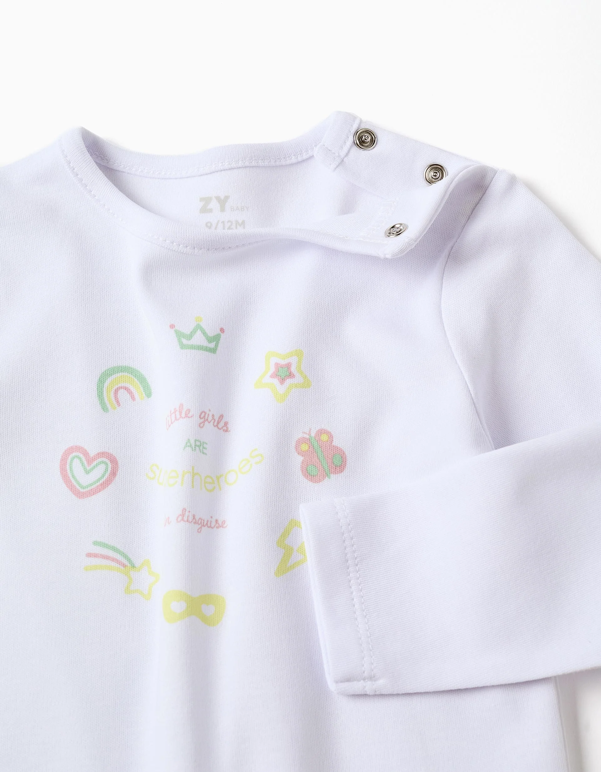 Cotton set of pyjamas + bib for newborn and baby girls, white/yellow/pink - Image 3