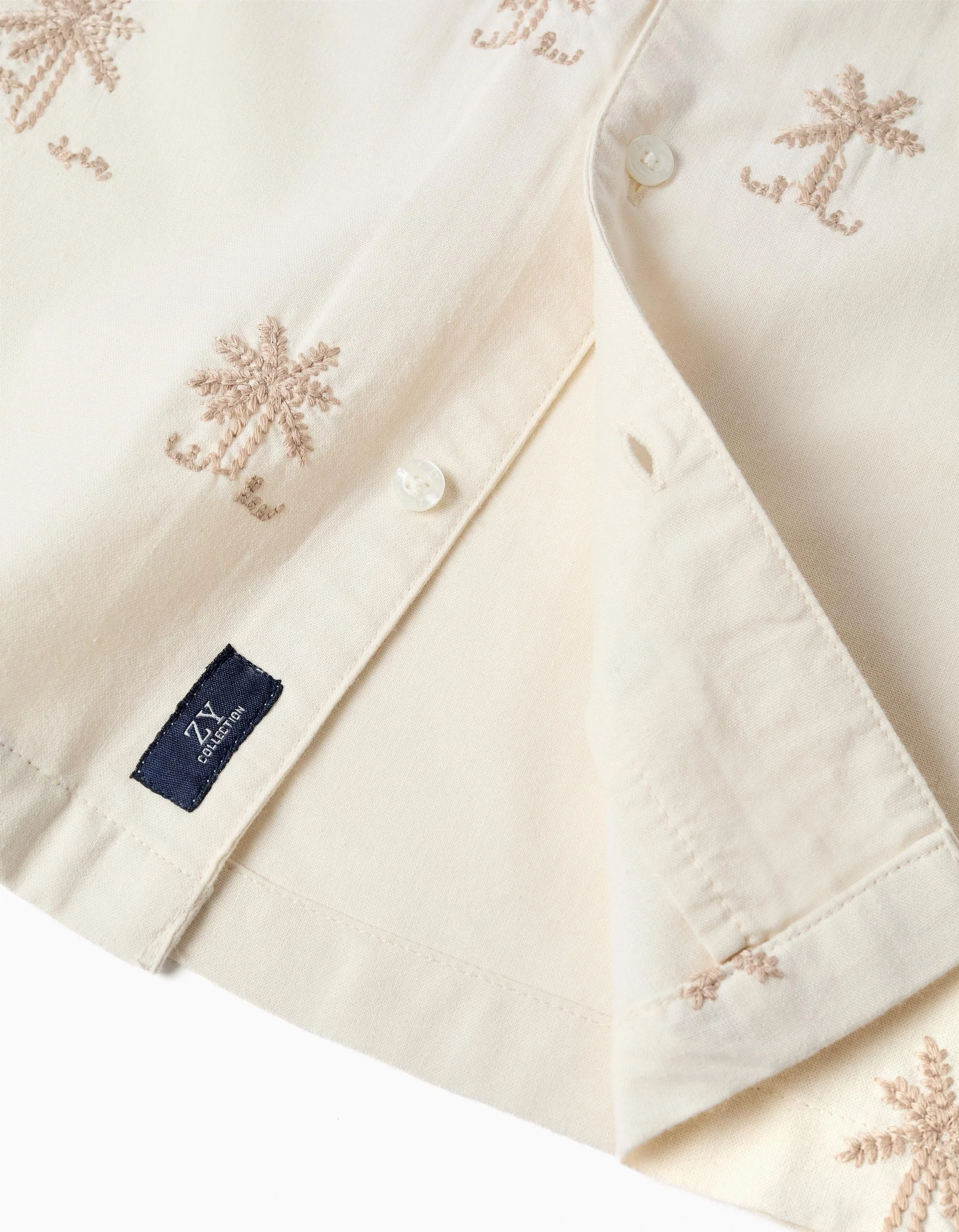 Cotton shirt with embroidered palm trees for boys, light beige - Image 5