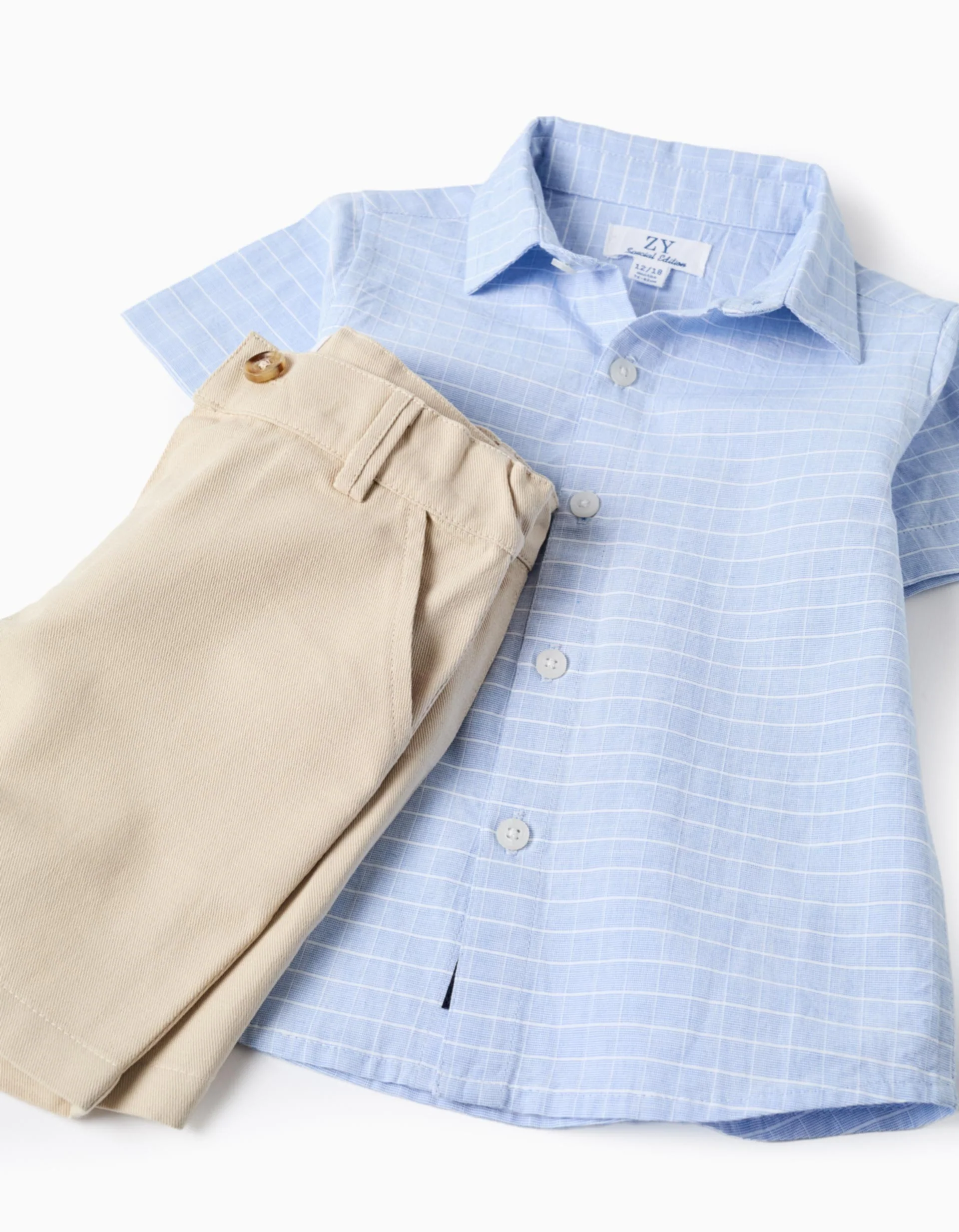 Cotton short sleeve shirt and shorts set for baby boys, light blue/beige - Image 3