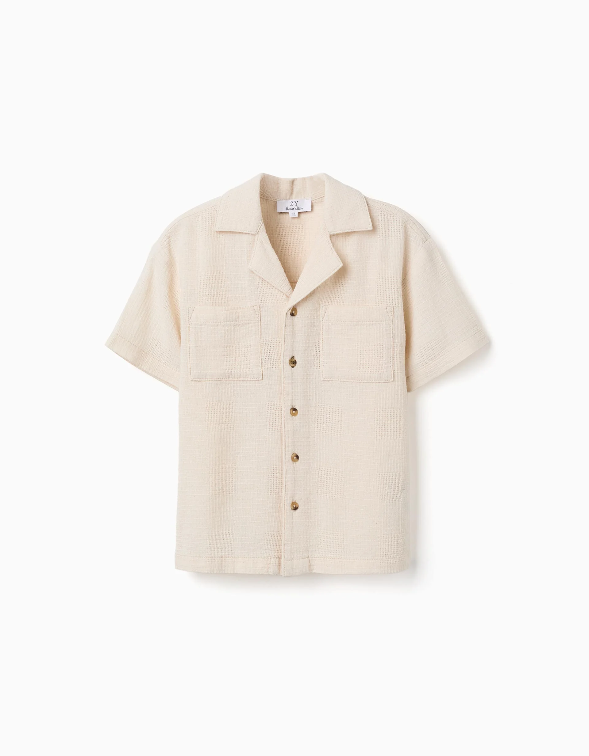 Cotton short sleeve shirt with chest pockets for boys, light beige