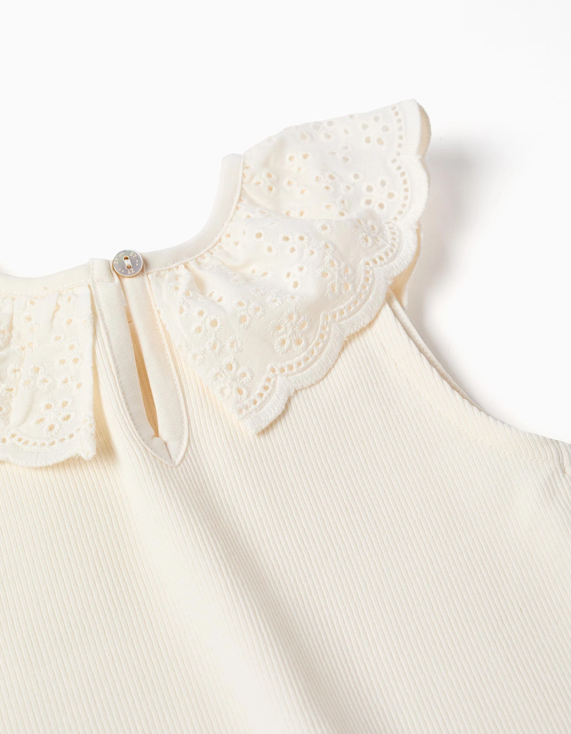 Cotton sleeveless top with embroidered collar for girls, white - Image 3