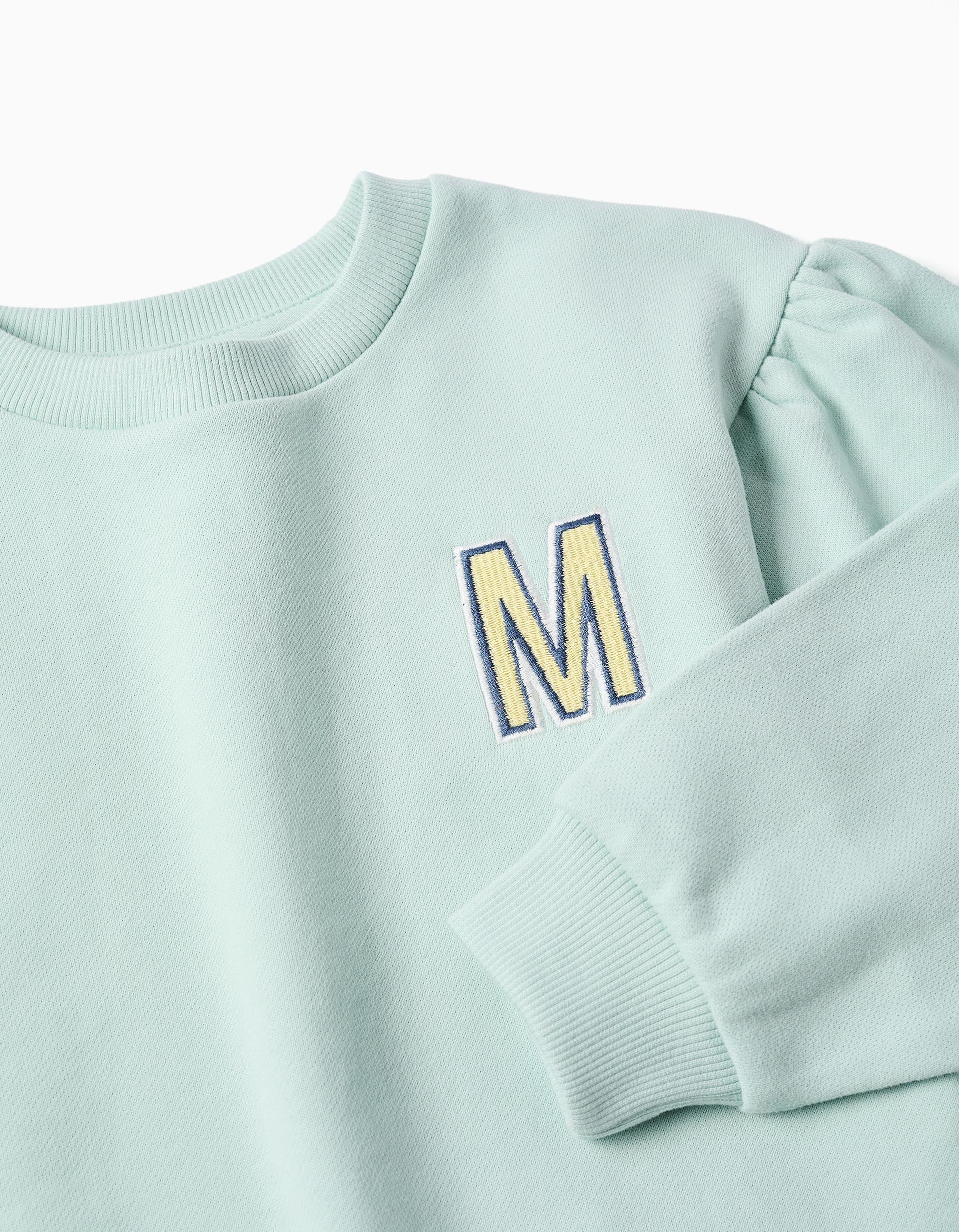 Cotton sweatshirt with embroidered M for girls, light blue - Image 3