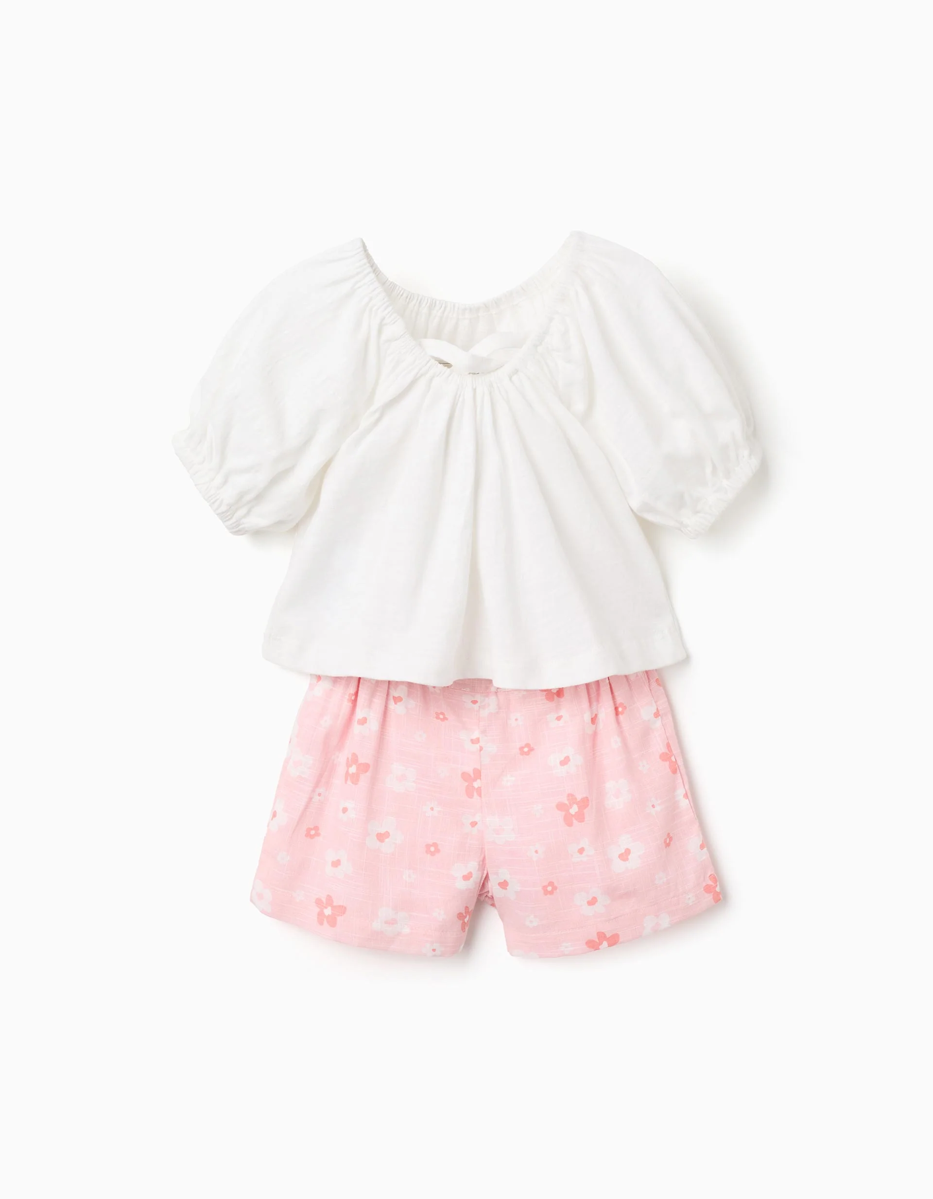 Cotton T-shirt + shorts with floral motif for baby girls, white/pink - Image 2