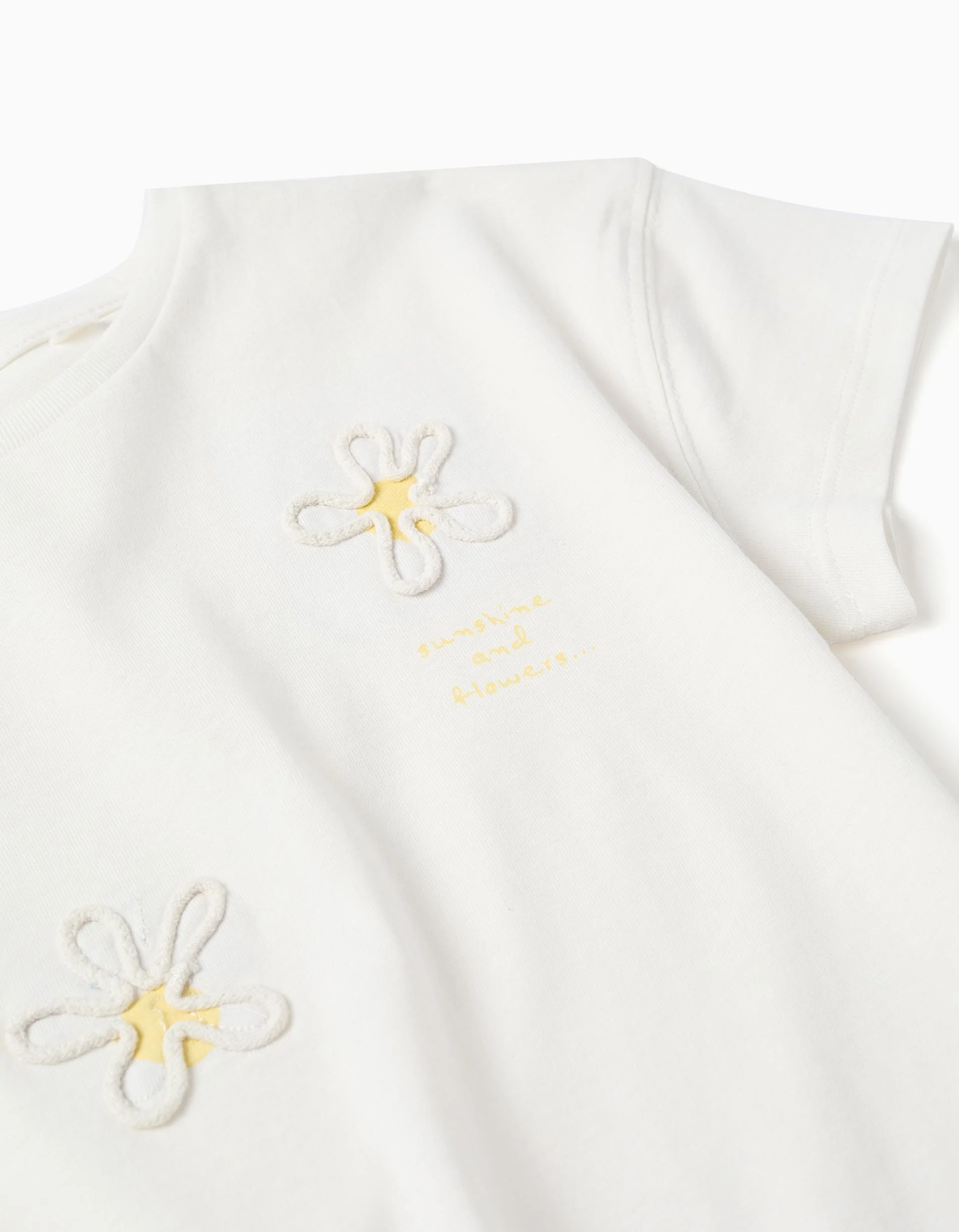 Cotton T-shirt with 3D floral print for girls, white/yellow - Image 3
