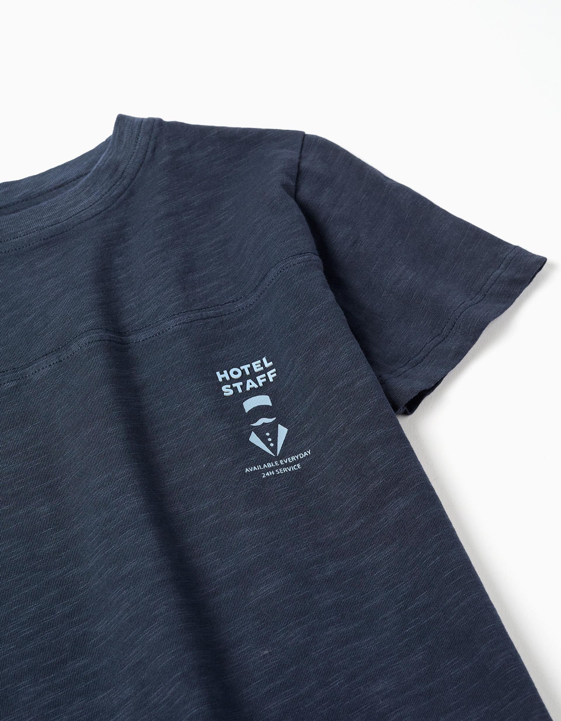 Cotton T-shirt with 'Hotel Staff' Print for Boys, Dark Blue - Image 3
