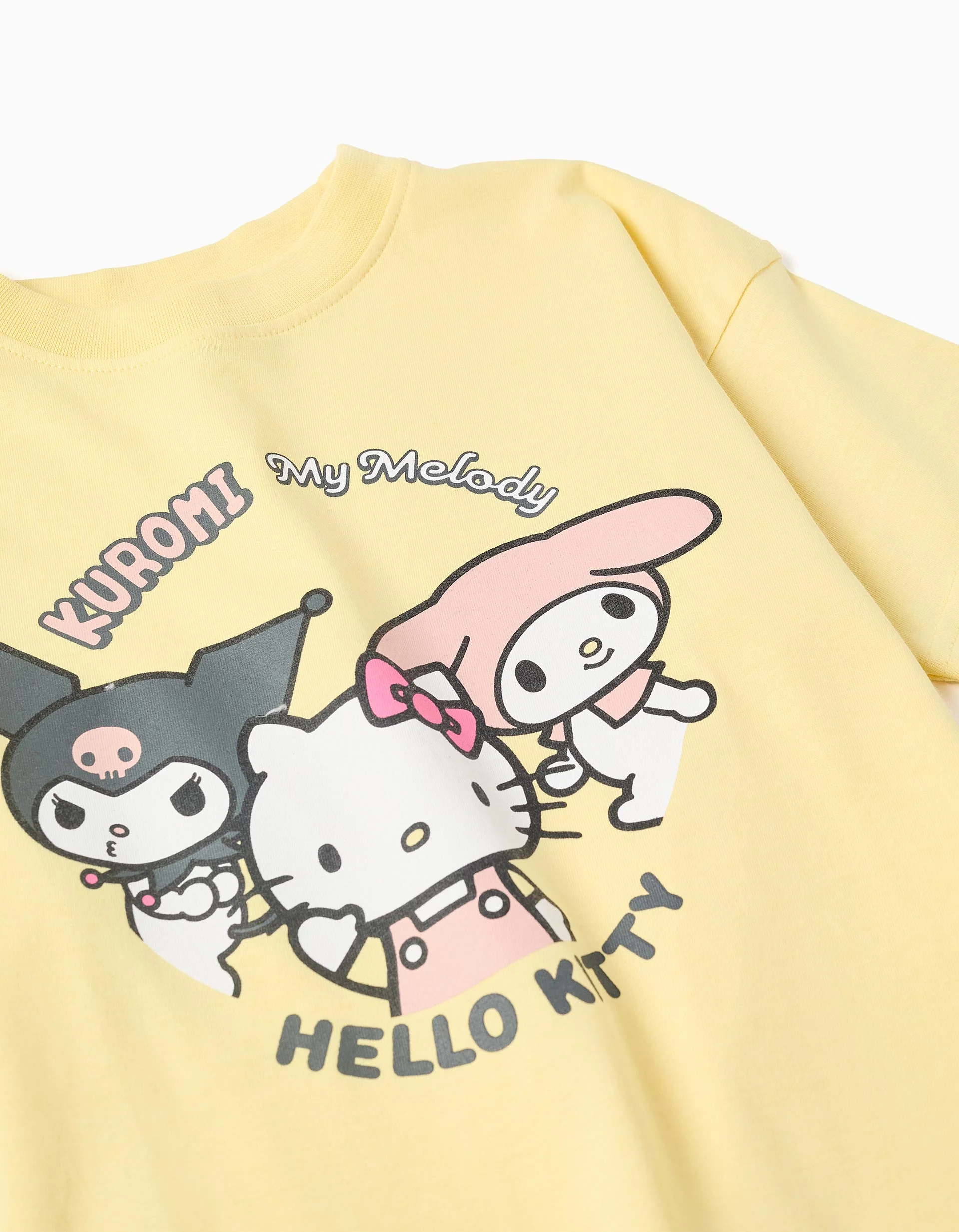 Cotton T-shirt with Kuromi and friends print for girls, yellow - Image 3