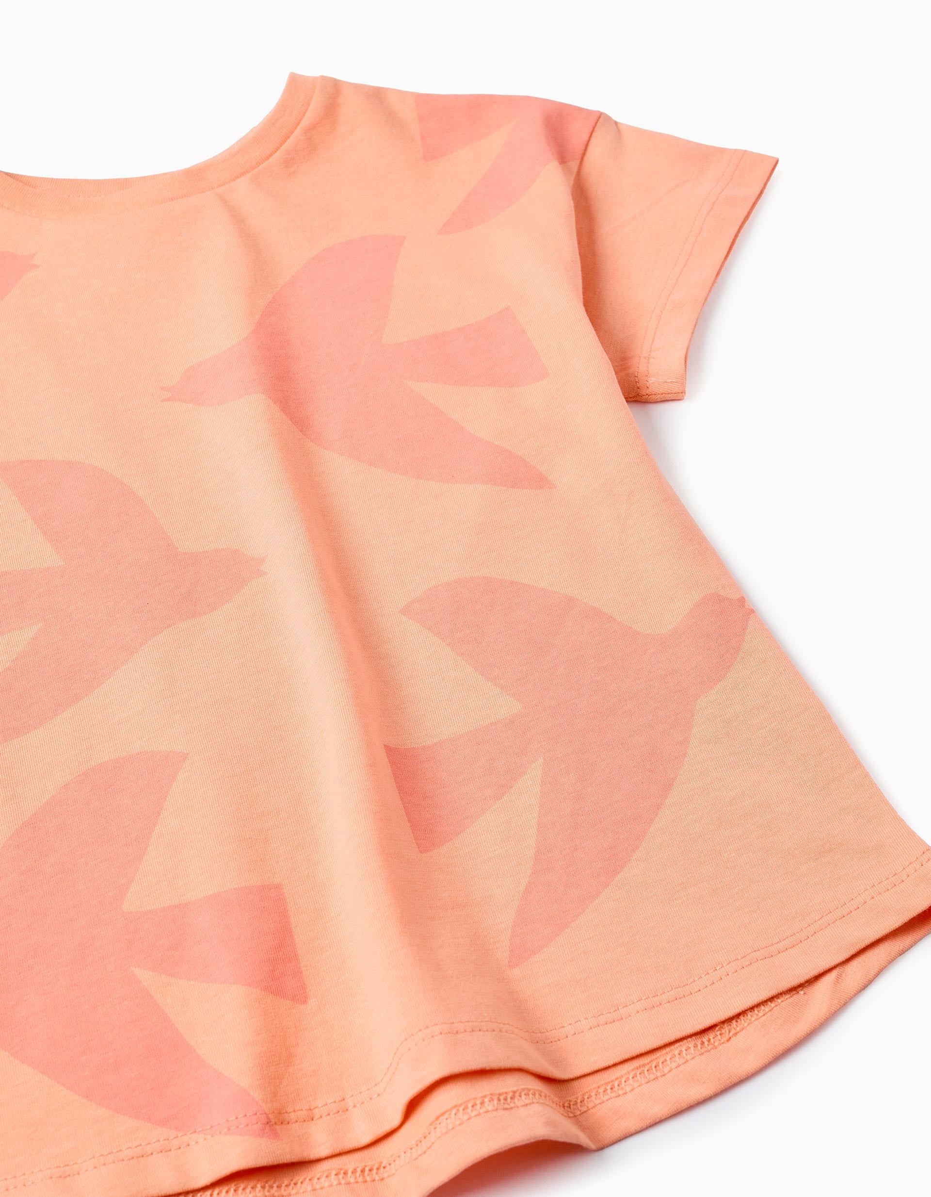 Cotton T-shirt with Motif for Girls 'Birds', Coral - Image 3