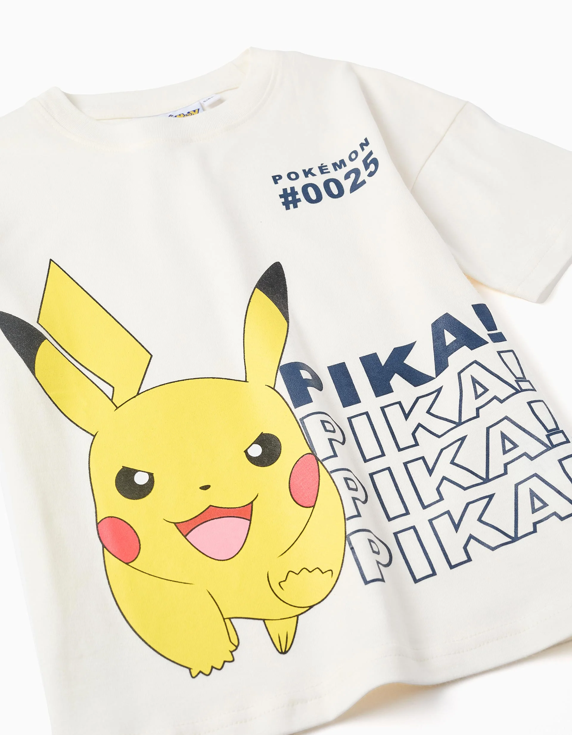 Cotton T-shirt with Pikachu front print for boys, white - Image 3