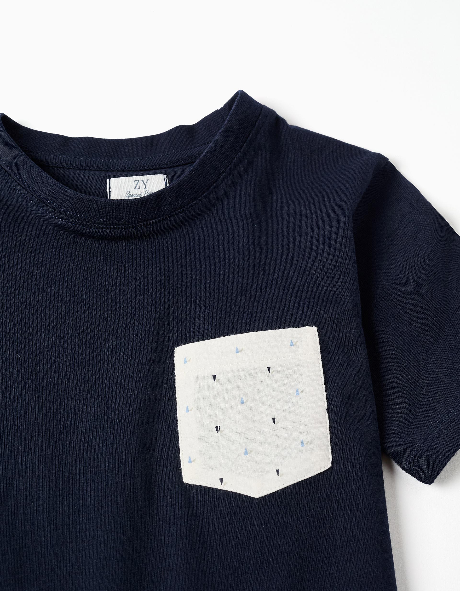 Cotton T-shirt with printed chest pocket for boys, dark blue - Image 3