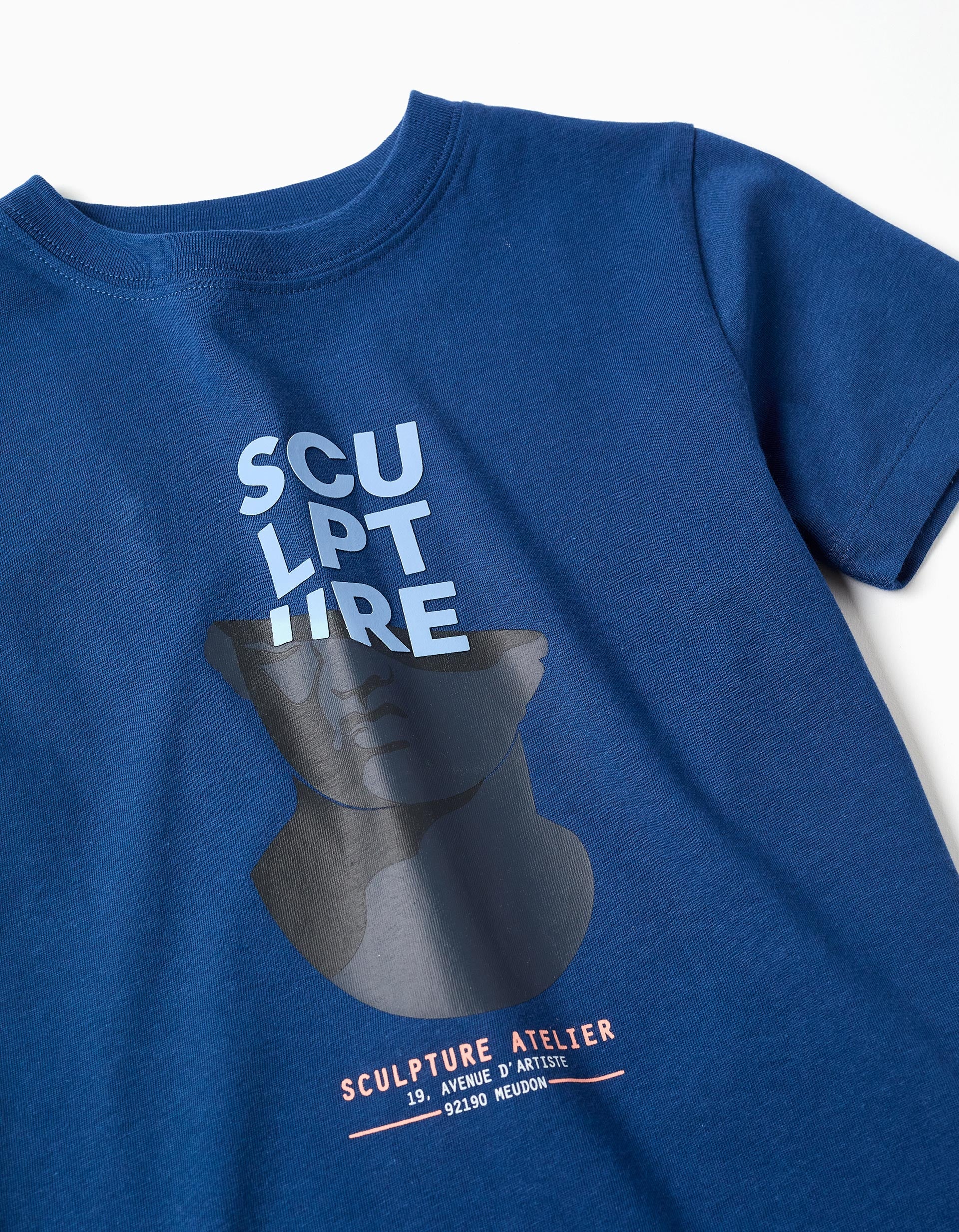 Cotton T-shirt with Sculpture front print for boys, blue - Image 3