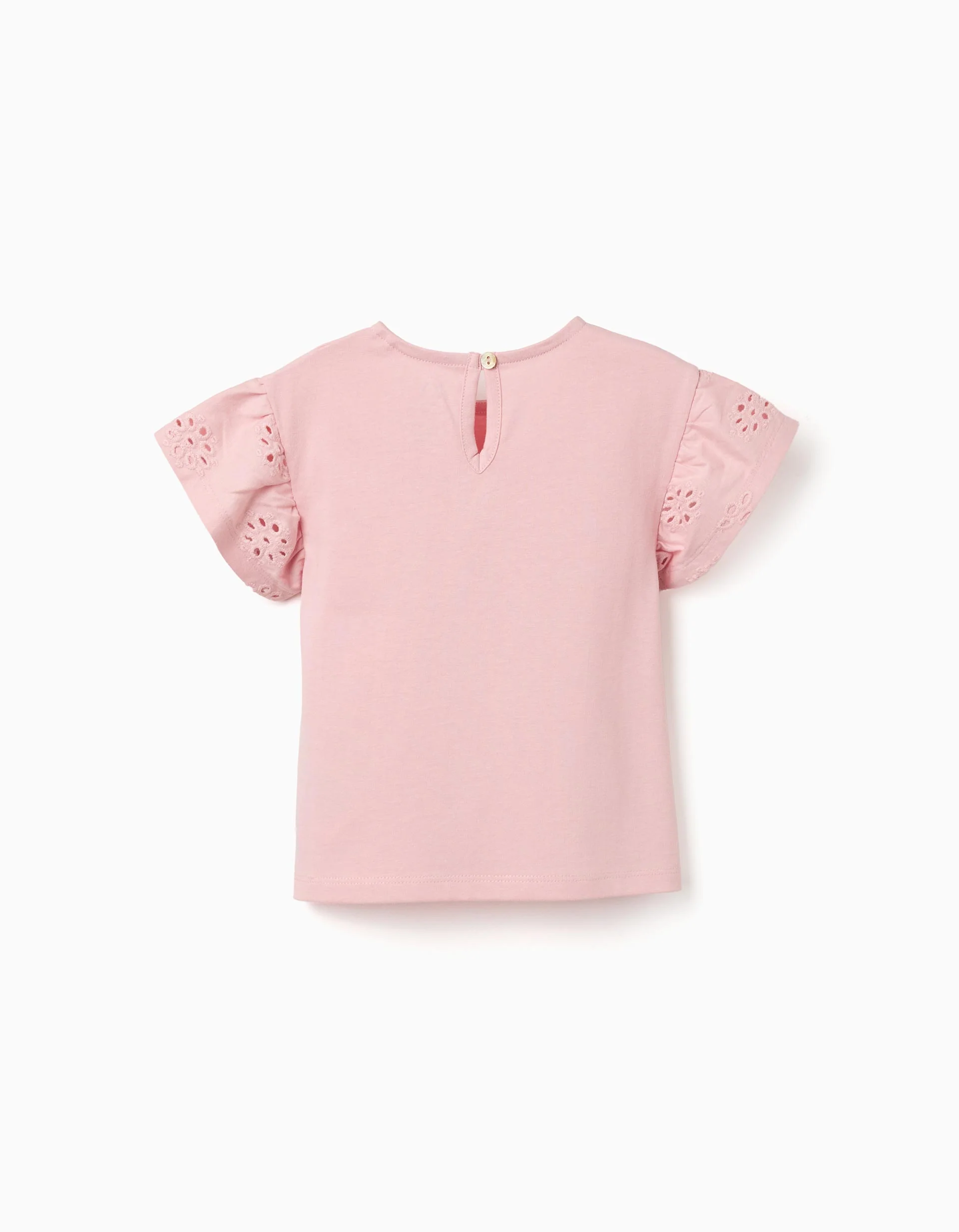 Cotton T-shirt with sleeves in broderie anglaise for baby girls, pink - Image 2