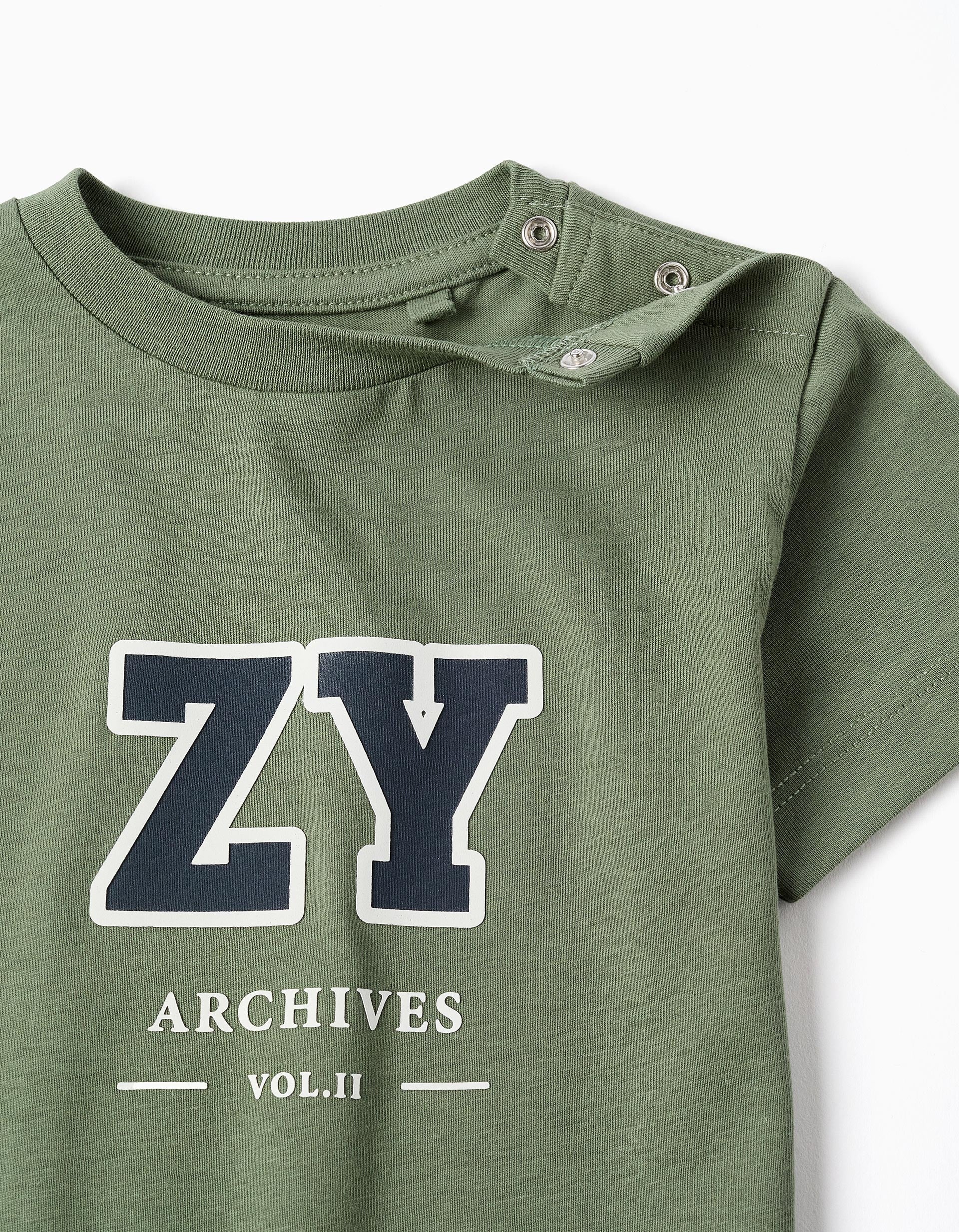 Cotton T-shirt 'ZY' for Baby Boys, Green/Dark Blue/White - Image 3