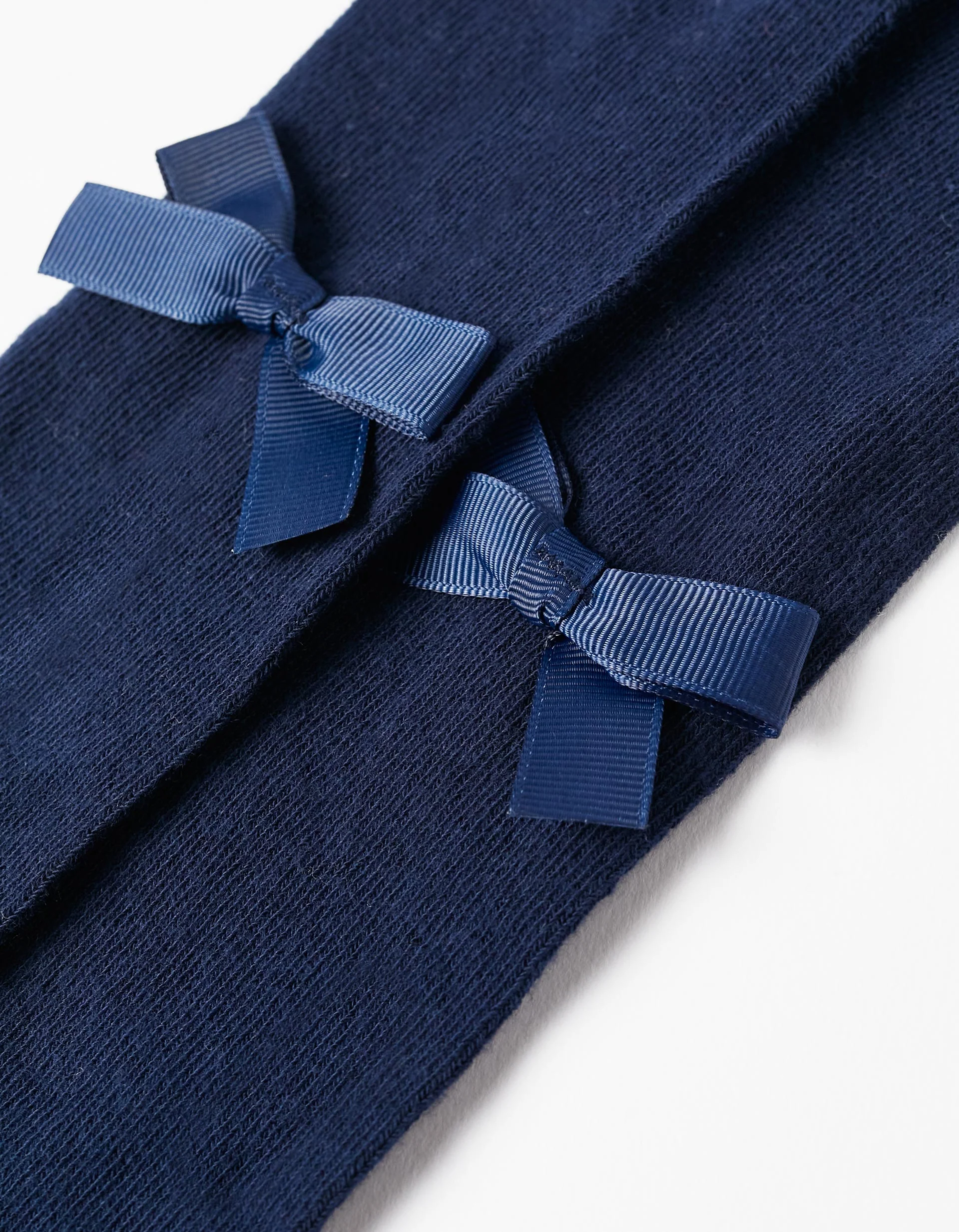Cotton Tights with Satin Bow for Girls, Dark Blue - Image 3