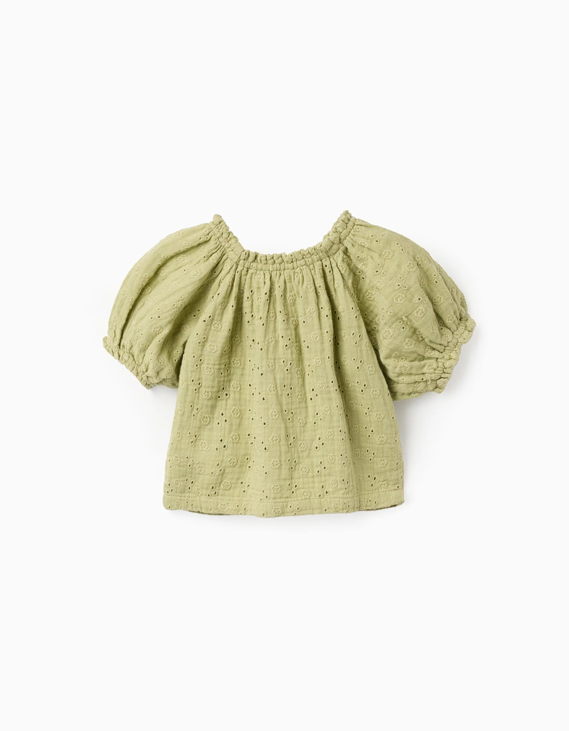 Cotton top in broderie anglaise with balloon sleeves for baby girls, green - Image 2