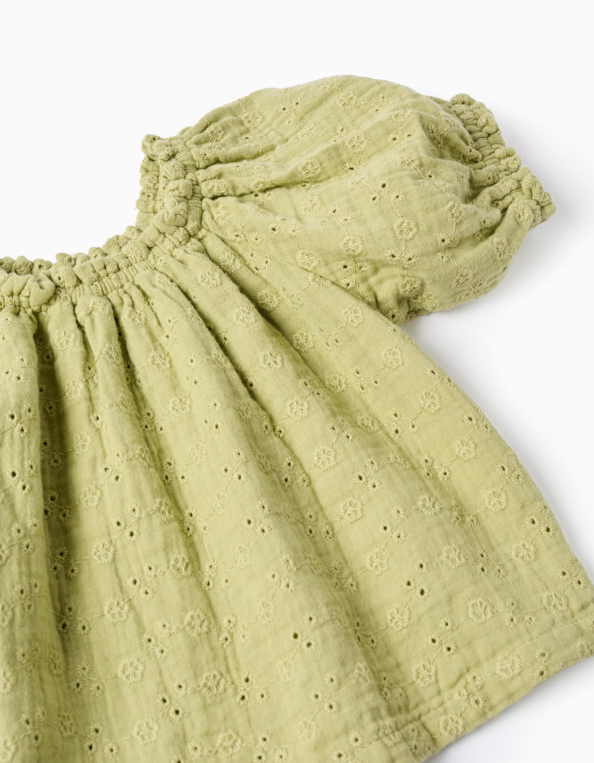 Cotton top in broderie anglaise with balloon sleeves for baby girls, green - Image 3
