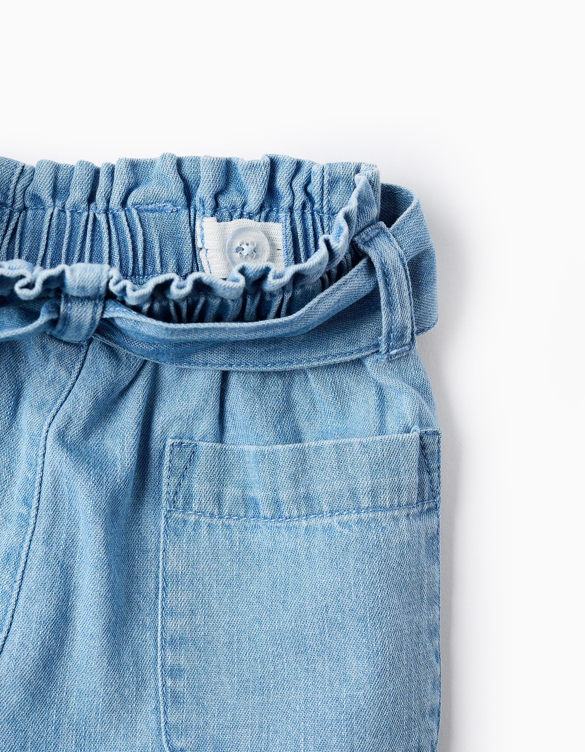 Denim shorts with paperbag waist and belt for baby girls, blue - Image 3