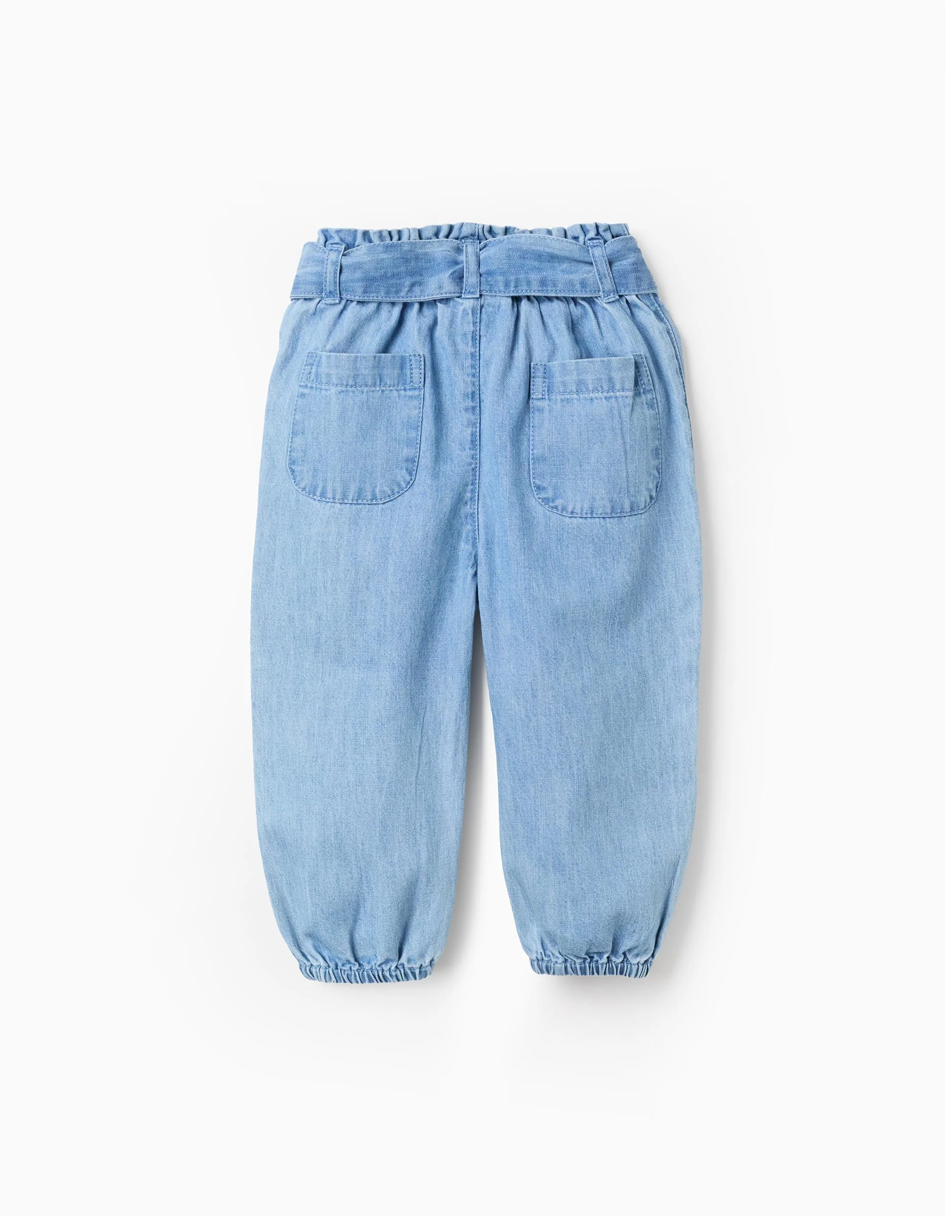 Denim trousers with paperbag waist and belt for baby girls, blue - Image 2