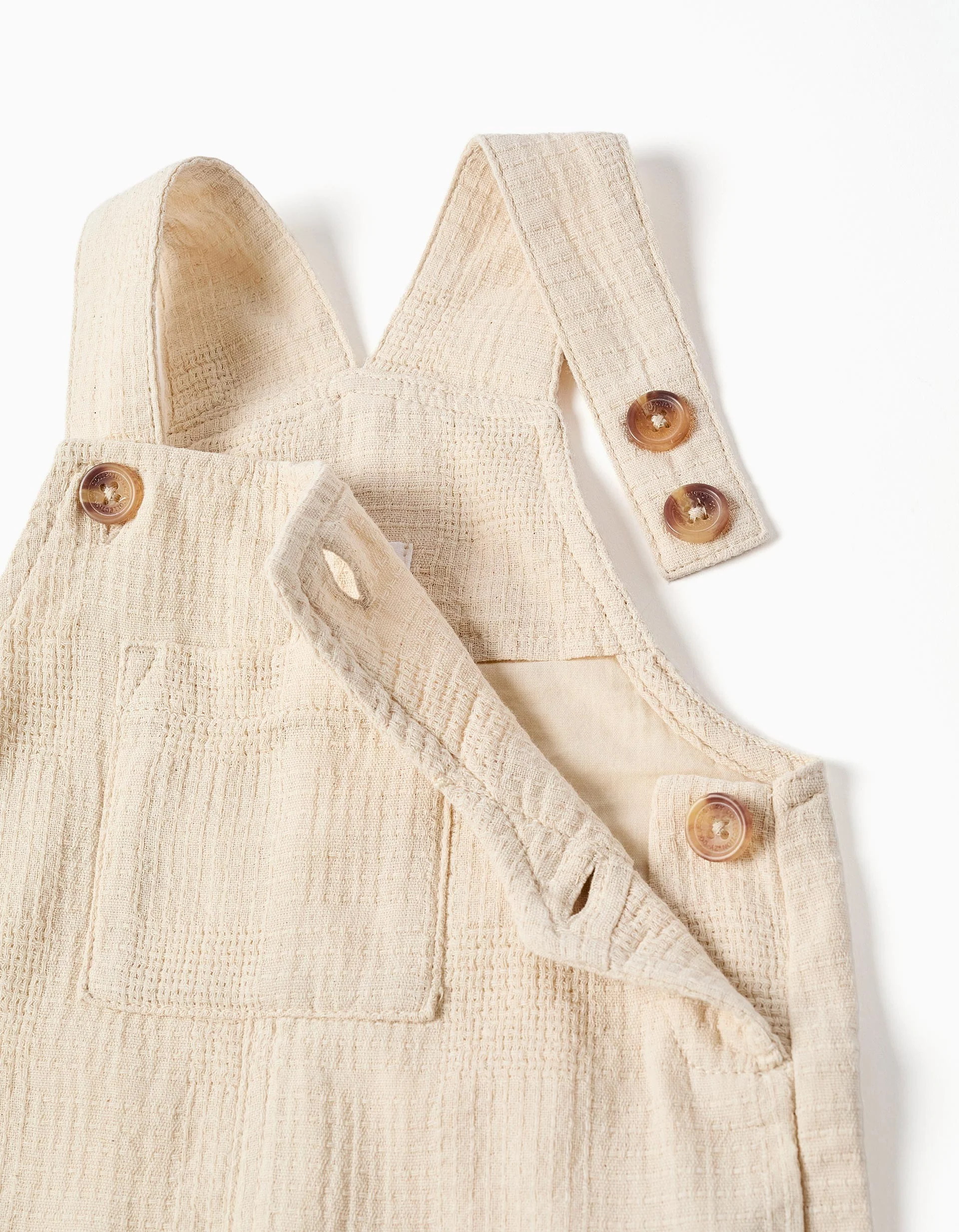 Dobby cotton dungarees with pockets for baby boys, light beige - Image 3