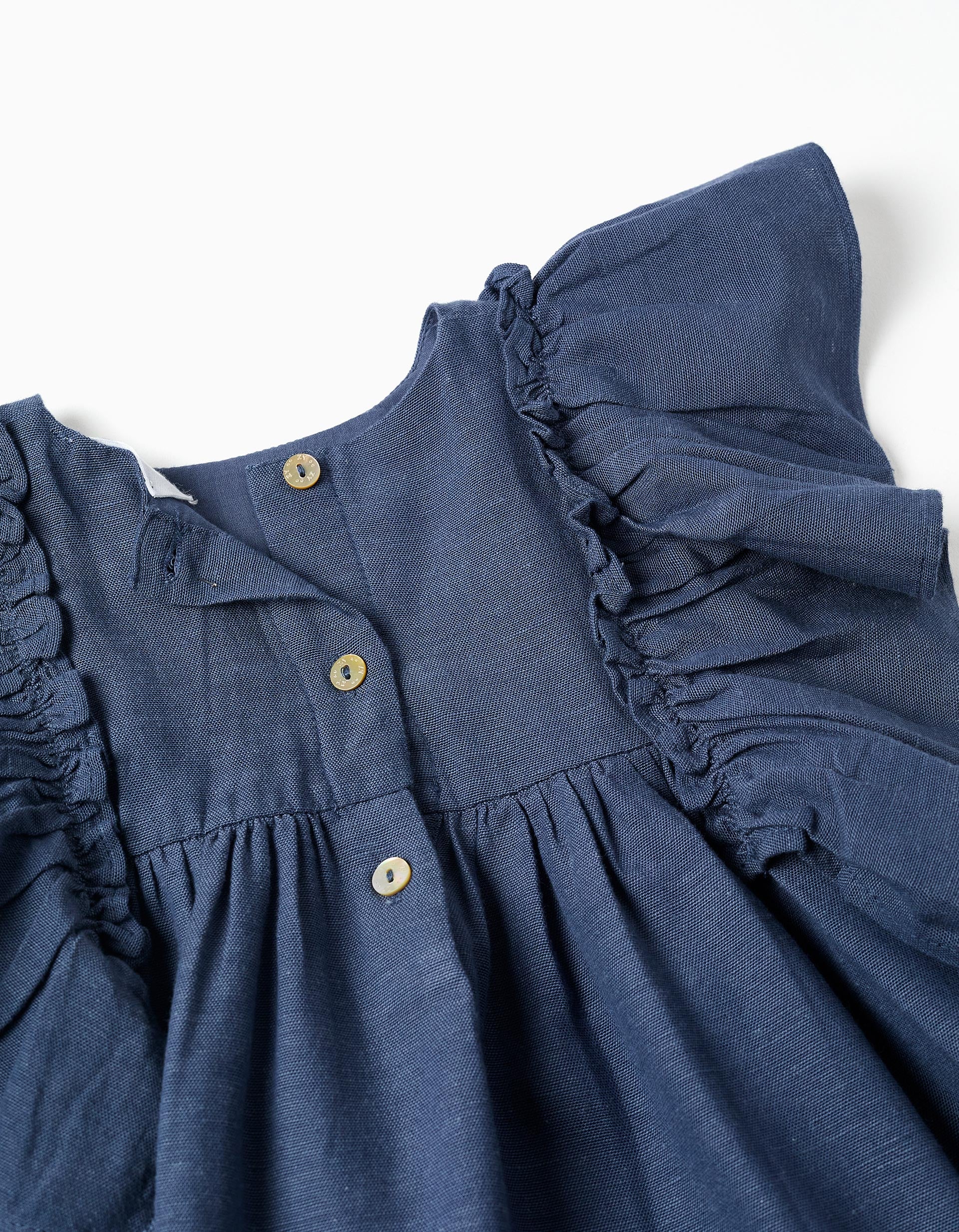 Dress in cotton and linen with ruffled sleeves You&Me for baby girls, blue - Image 3