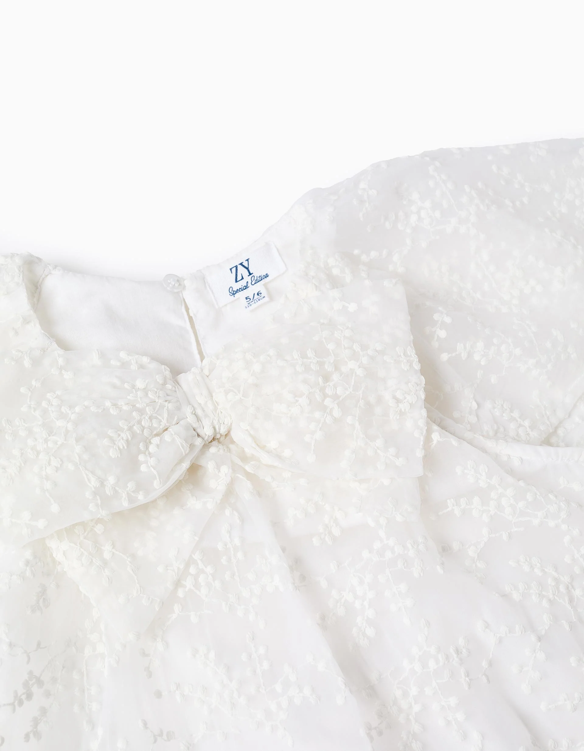 Dress with bow and ruffled cape-style sleeves for girls, white - Image 4
