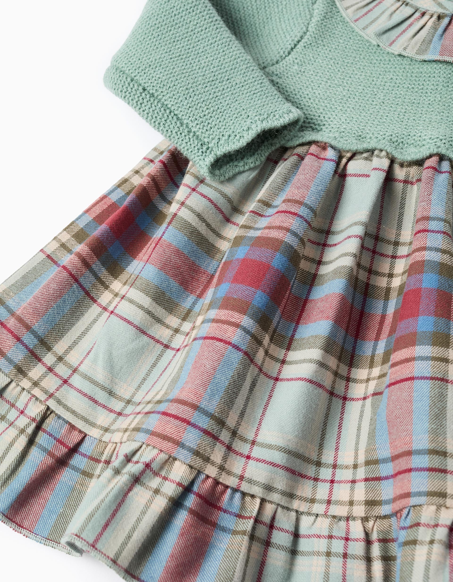 Dual-fabric Dress with Check for Newborn Girls 'B&S', Green - Image 4