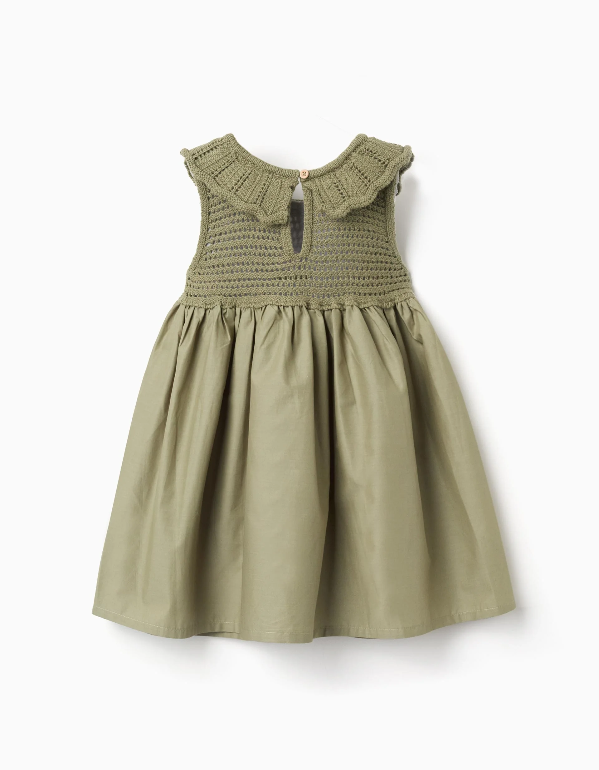Dual-fabric dress with embroidered flowers for baby girls, dark green - Image 2